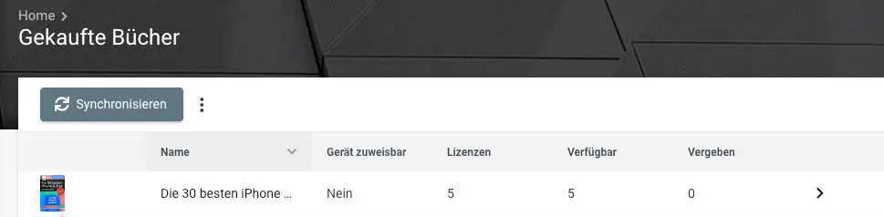 Gekaufte Bücher in Relution anzeigen und auswählen