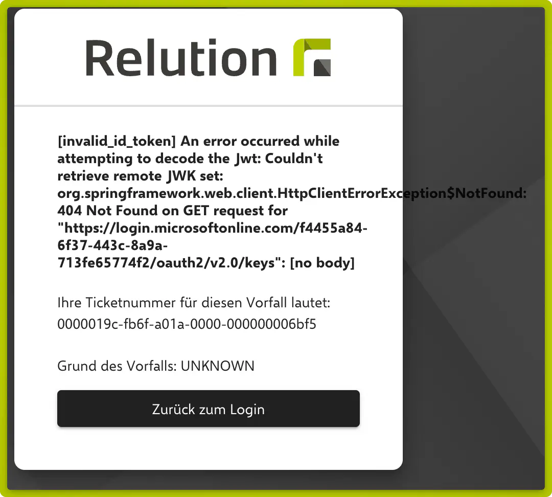 Fehlermeldung bei OIDC-Anmeldung mit Microsoft Entra ID in Relution