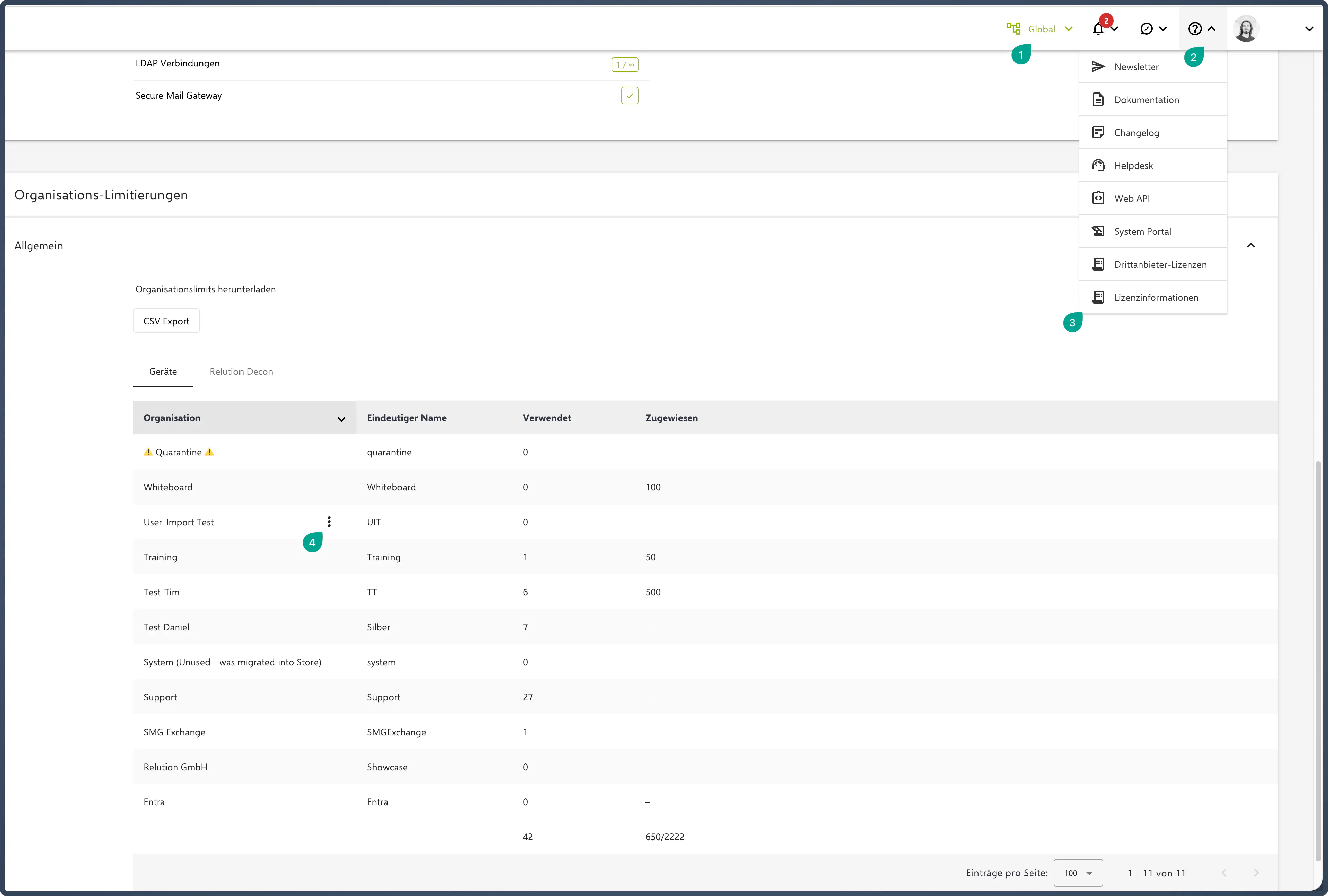 Relution system portal license information showing organization license limit configuration options