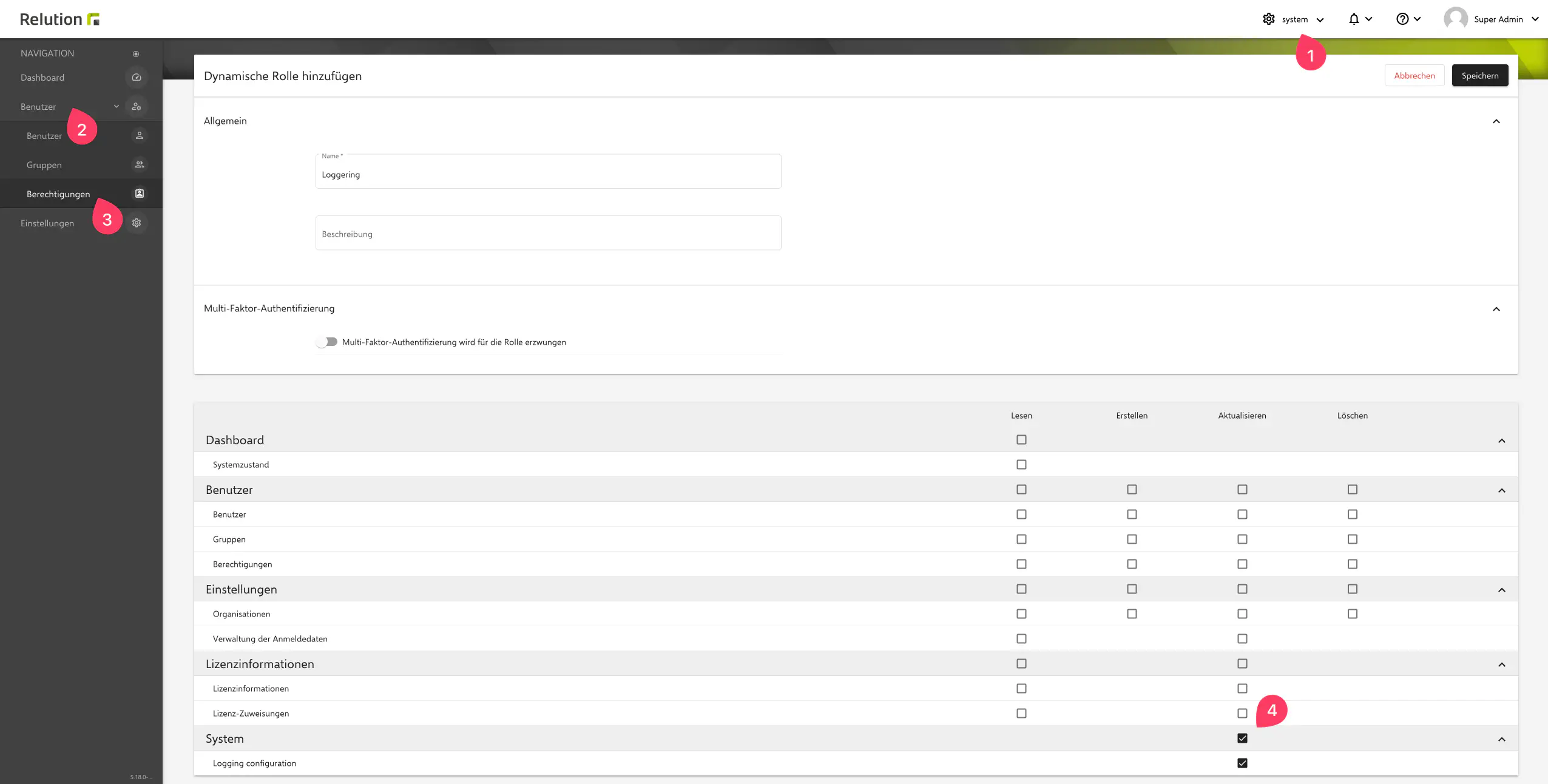 Neue Berechtigung für Logging-Konfiguration in Relution System-Organisation erstellen