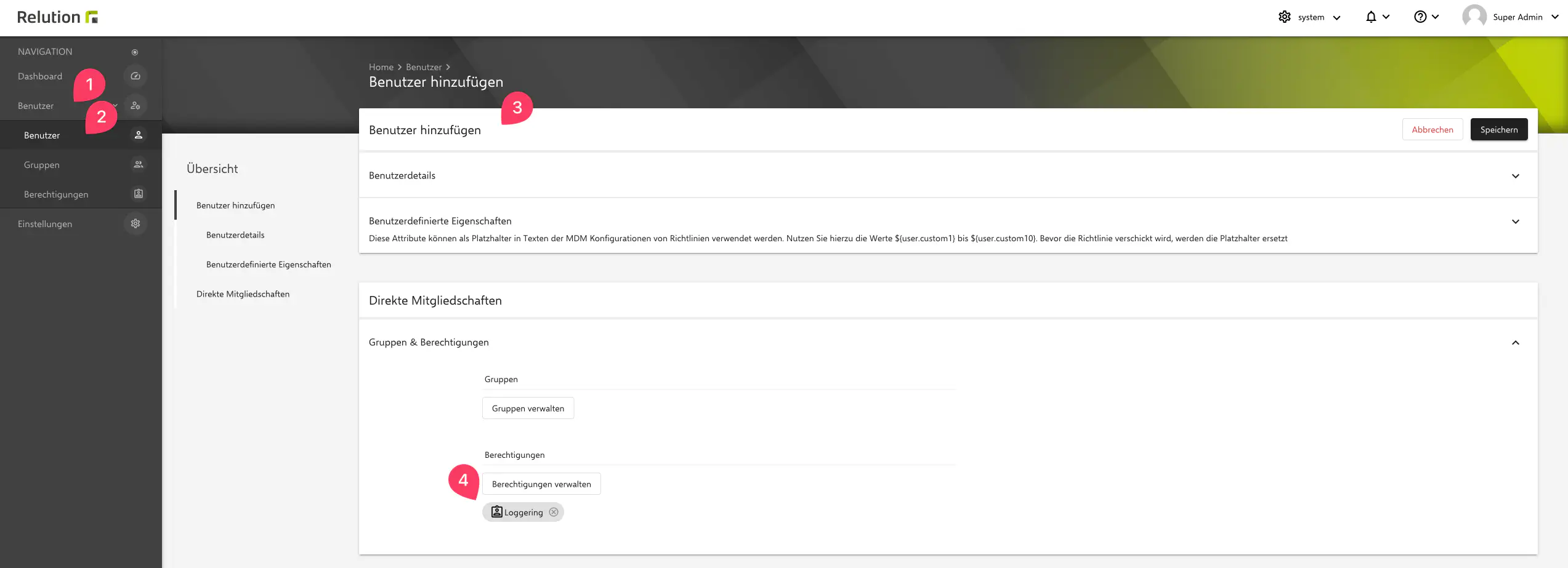 Logging-Benutzer mit Berechtigung in Relution System-Organisation anlegen