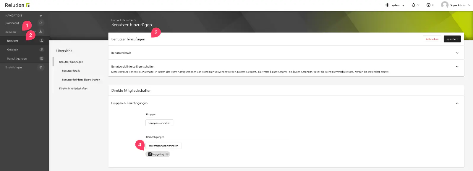 Logging-Benutzer mit Berechtigung in Relution System-Organisation anlegen