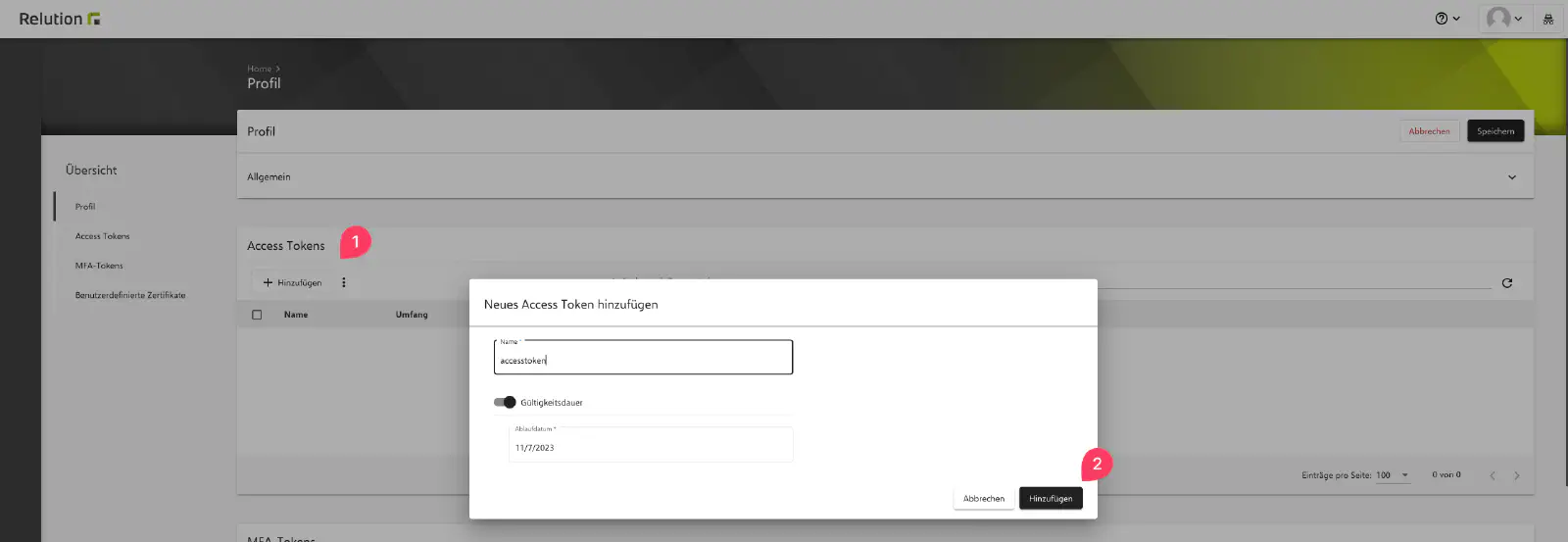 Access Token für Logging-Benutzer in Relution Benutzerprofil erstellen