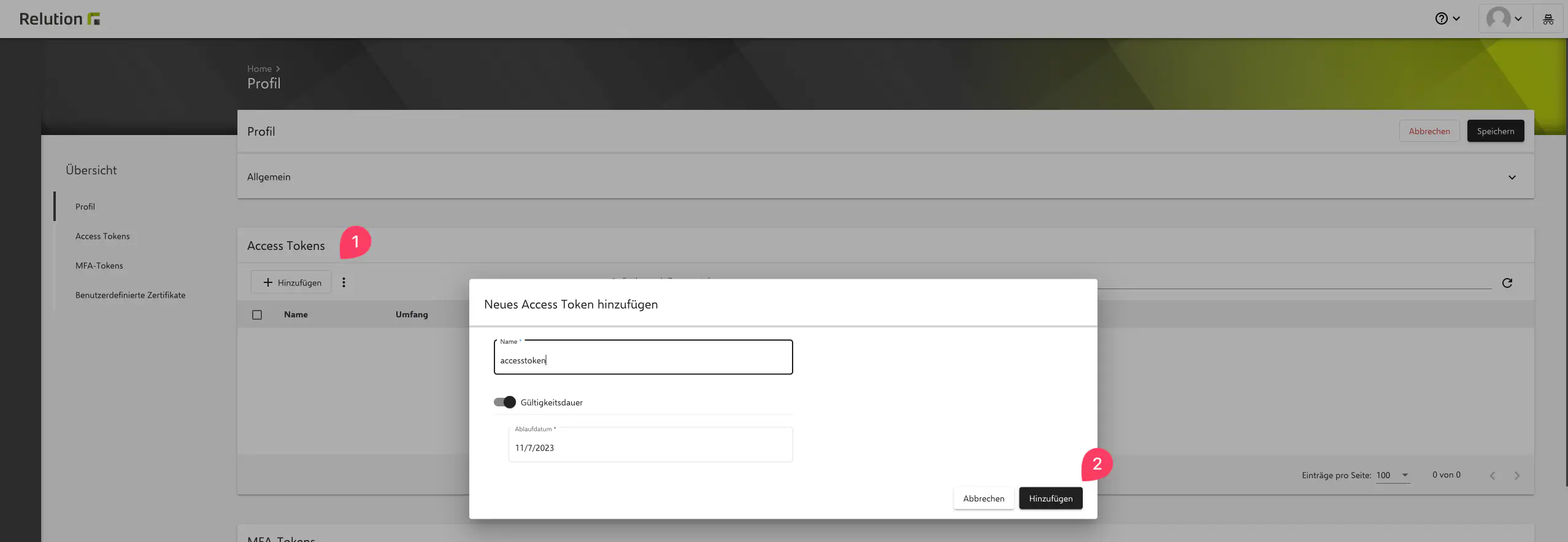 Access Token für Logging-Benutzer in Relution Benutzerprofil erstellen