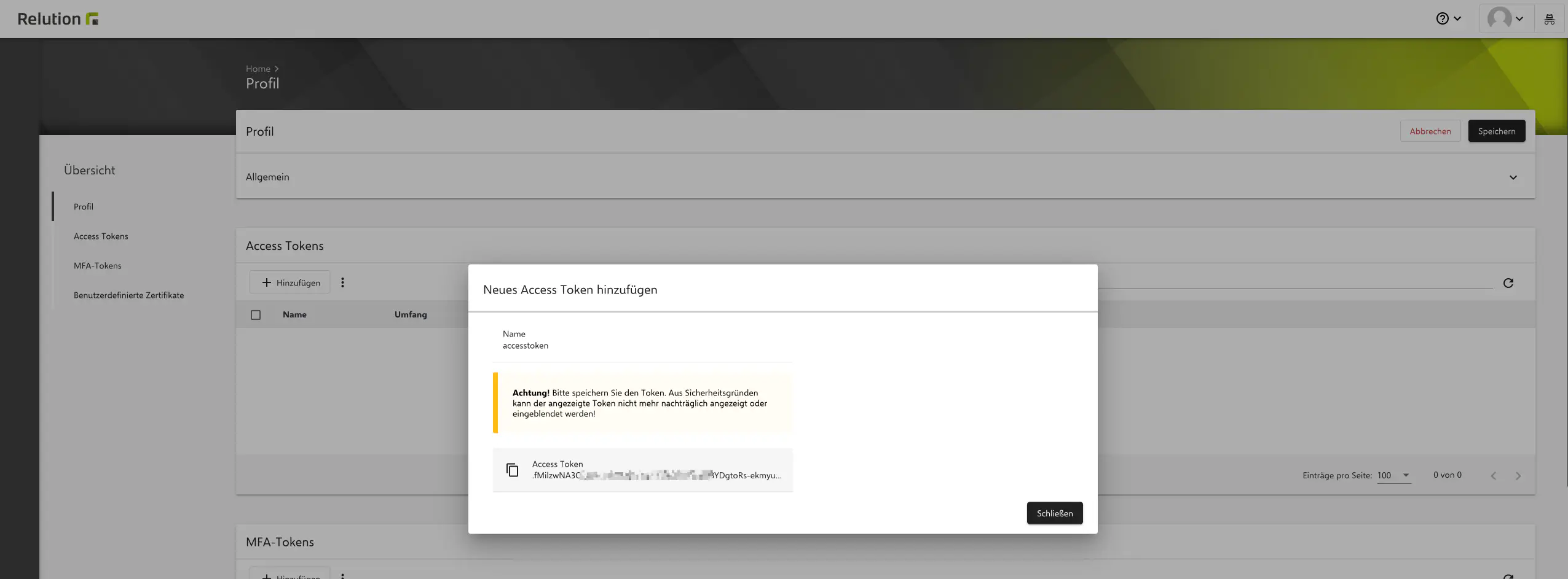 Generierten Access Token für Logging-Benutzer anzeigen und kopieren