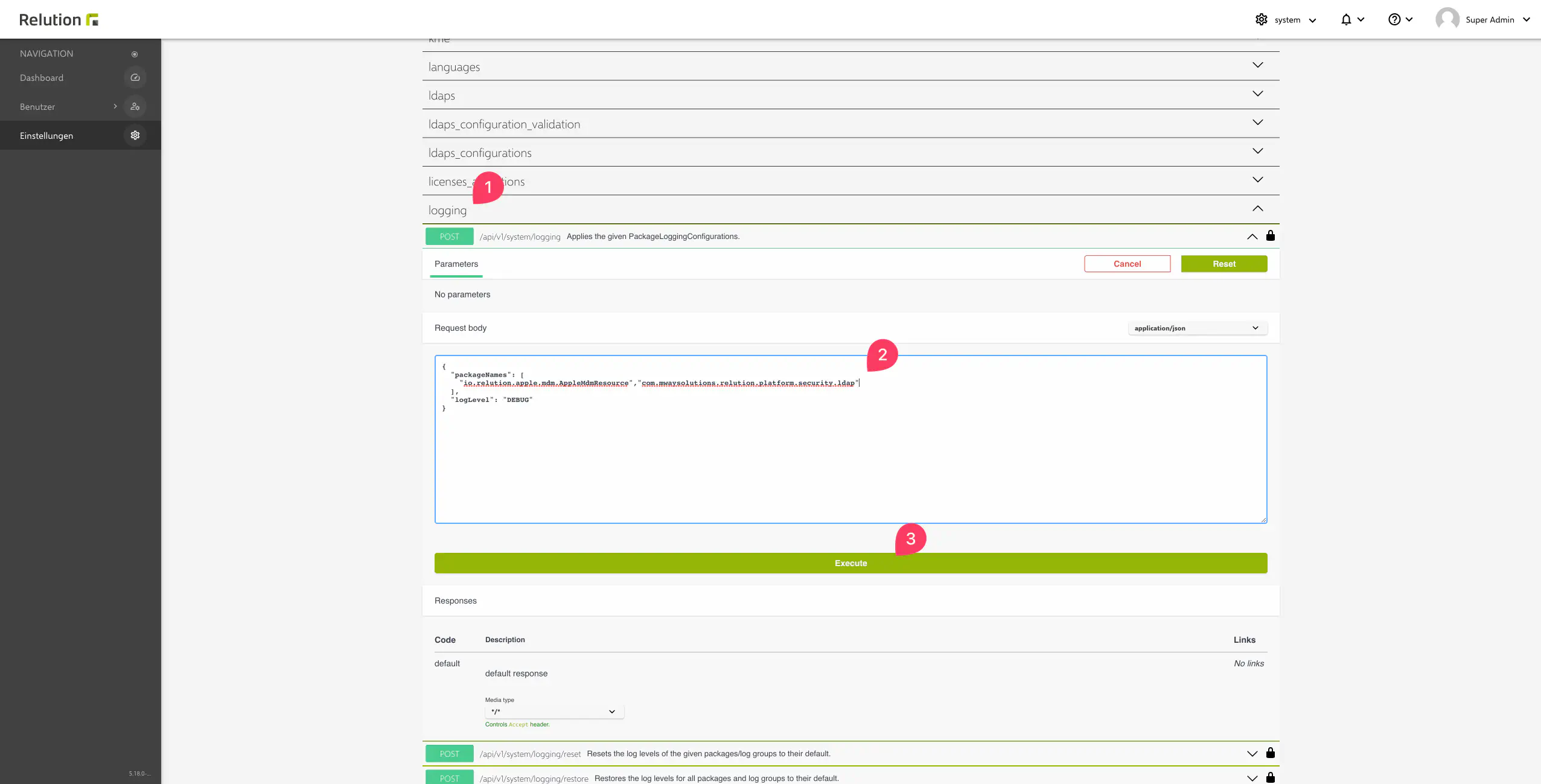 Loglevel über Web API erfolgreich gesetzt und Curl-Befehl angezeigt