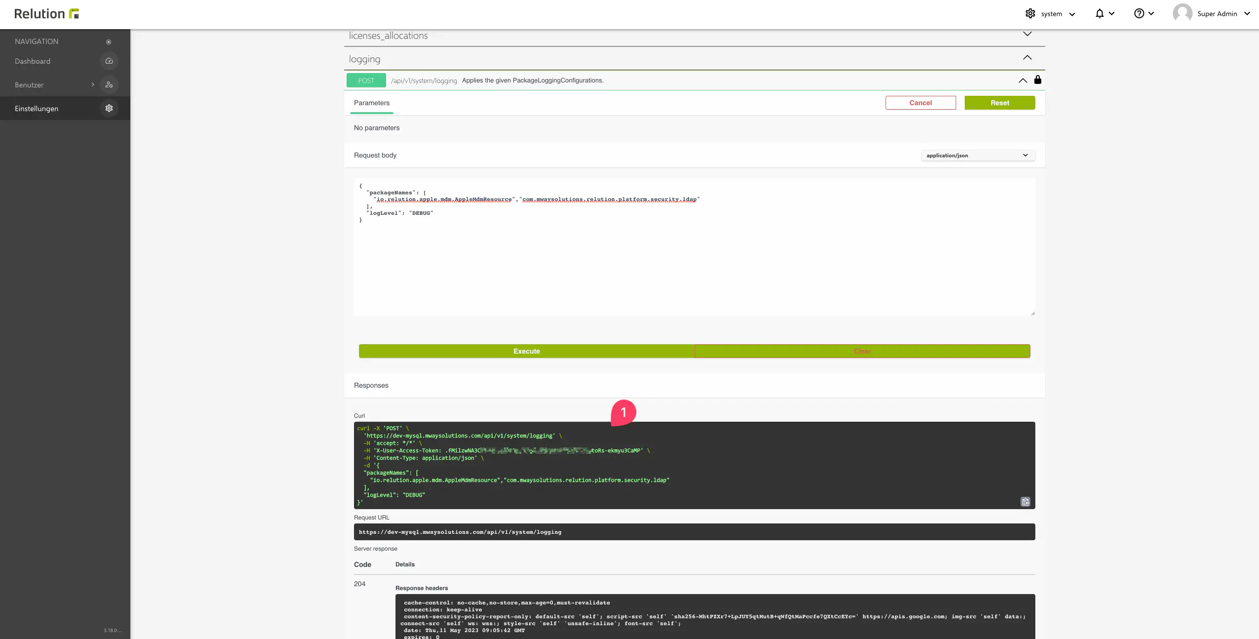 Logging-Punkt und Level im Relution Web API Formular definieren