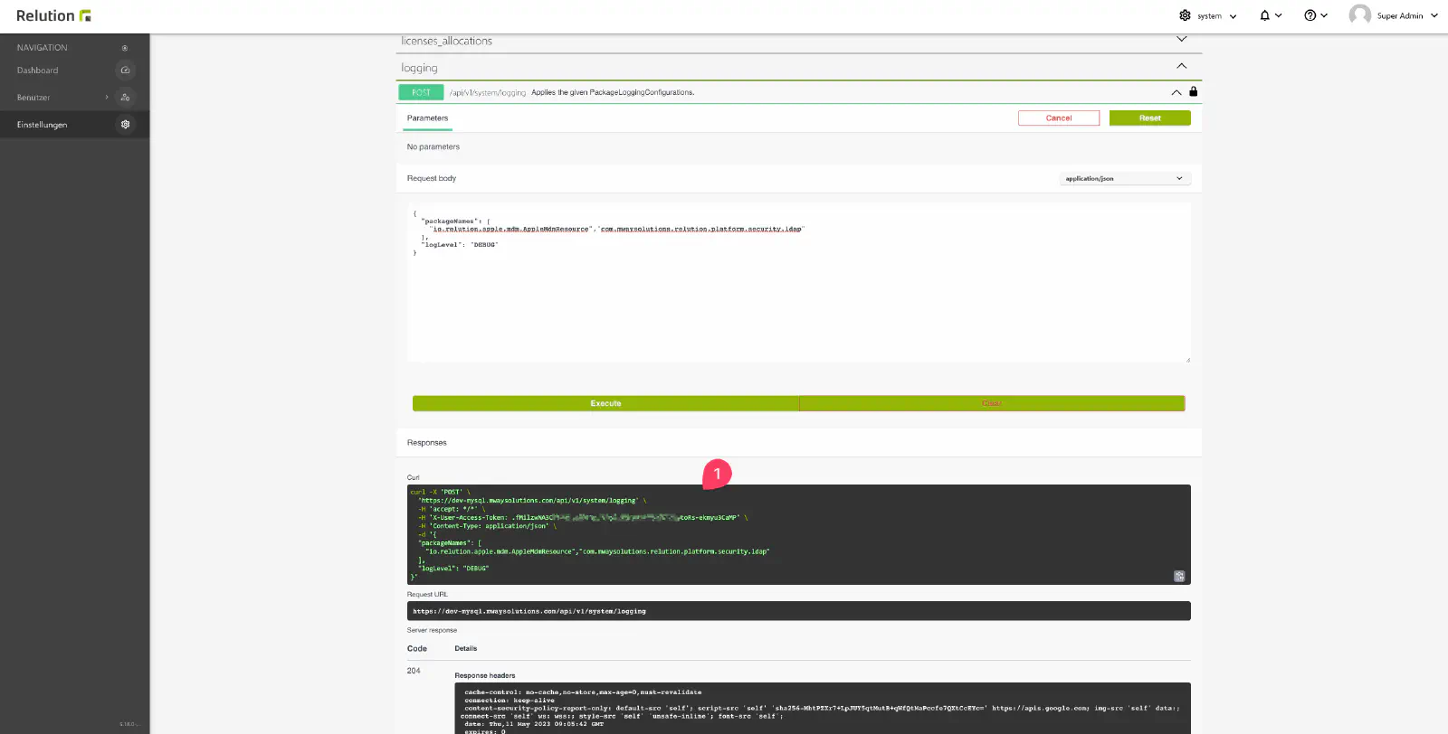 Logging-Punkt und Level im Relution Web API Formular definieren