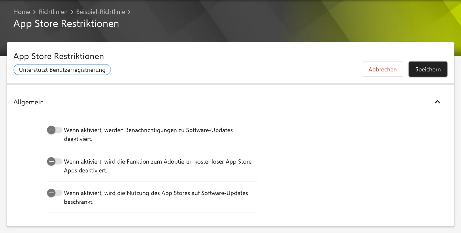 Formular App Store Restriktionen im Relution-Portal