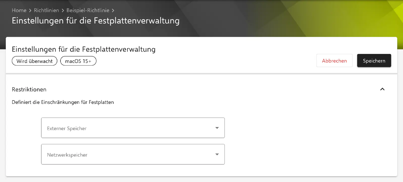 Formular Einstellungen für die Festplattenverwaltung im Relution-Portal