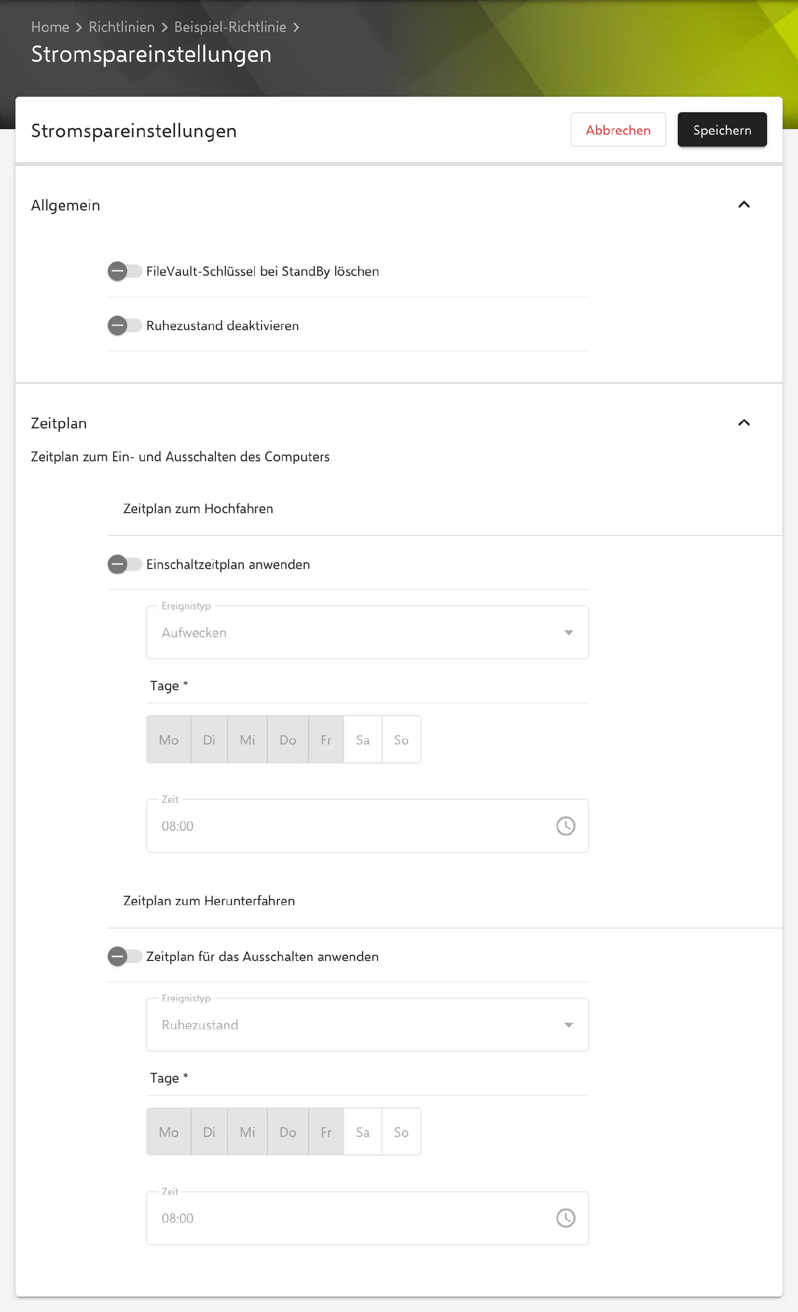 Formular Stromspareinstellungen im Relution-Portal