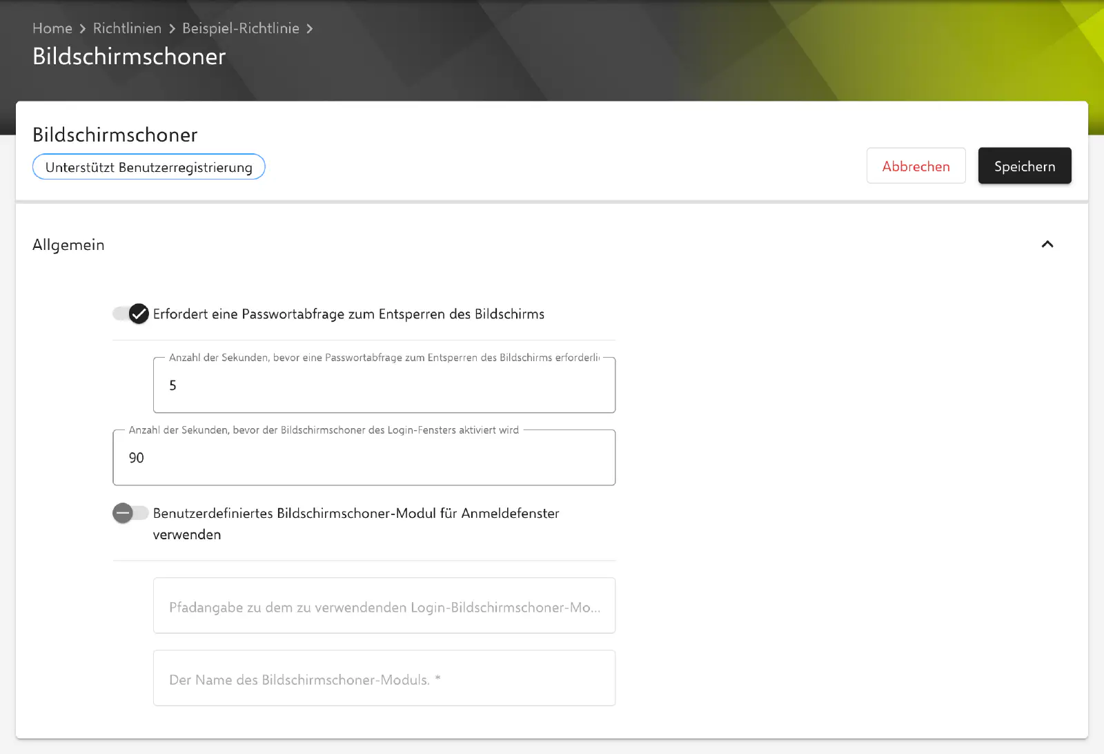 Formular Bildschirmschoner im Relution-Portal