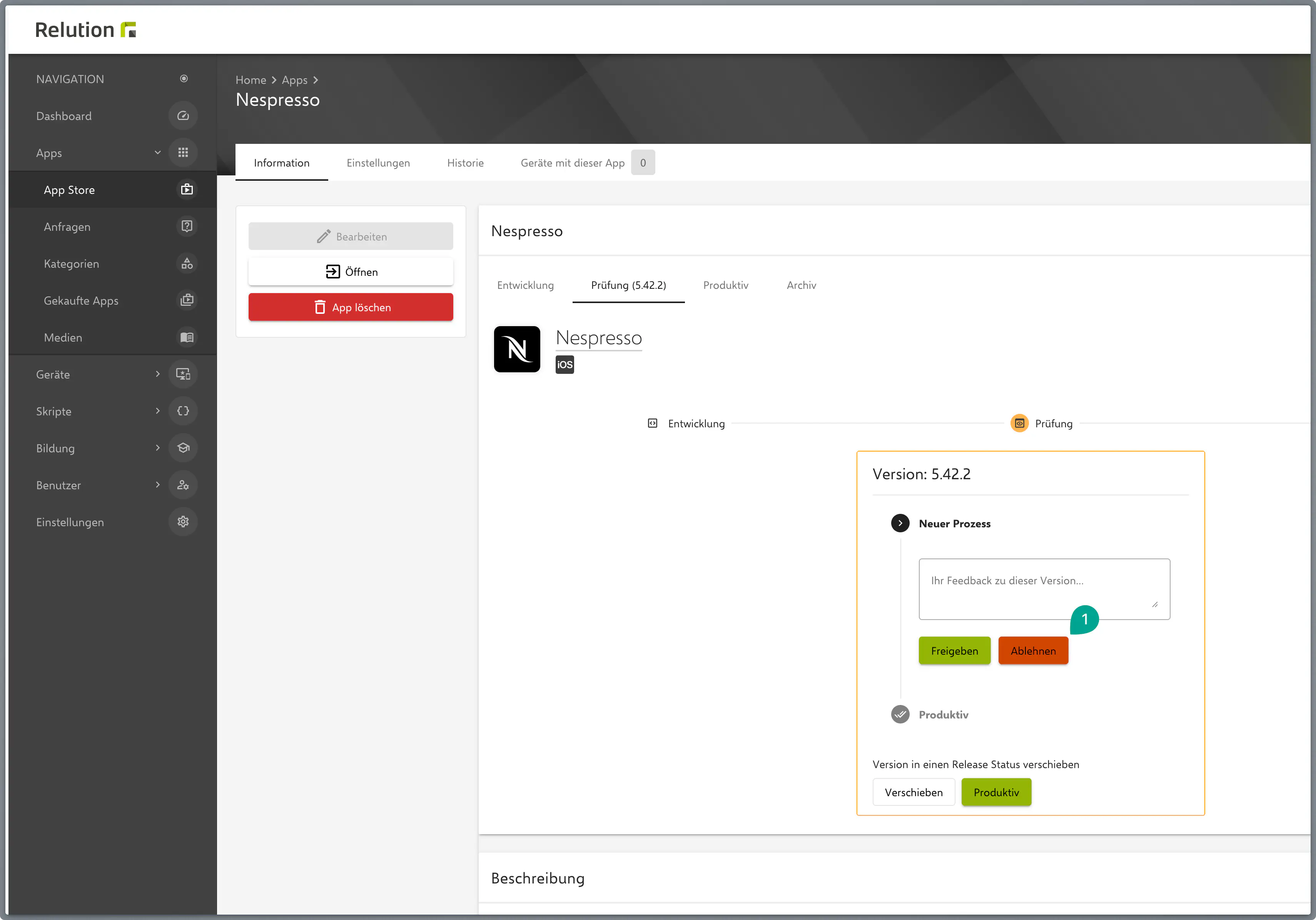 Angefragte Apps in Relution freigeben oder ablehnen