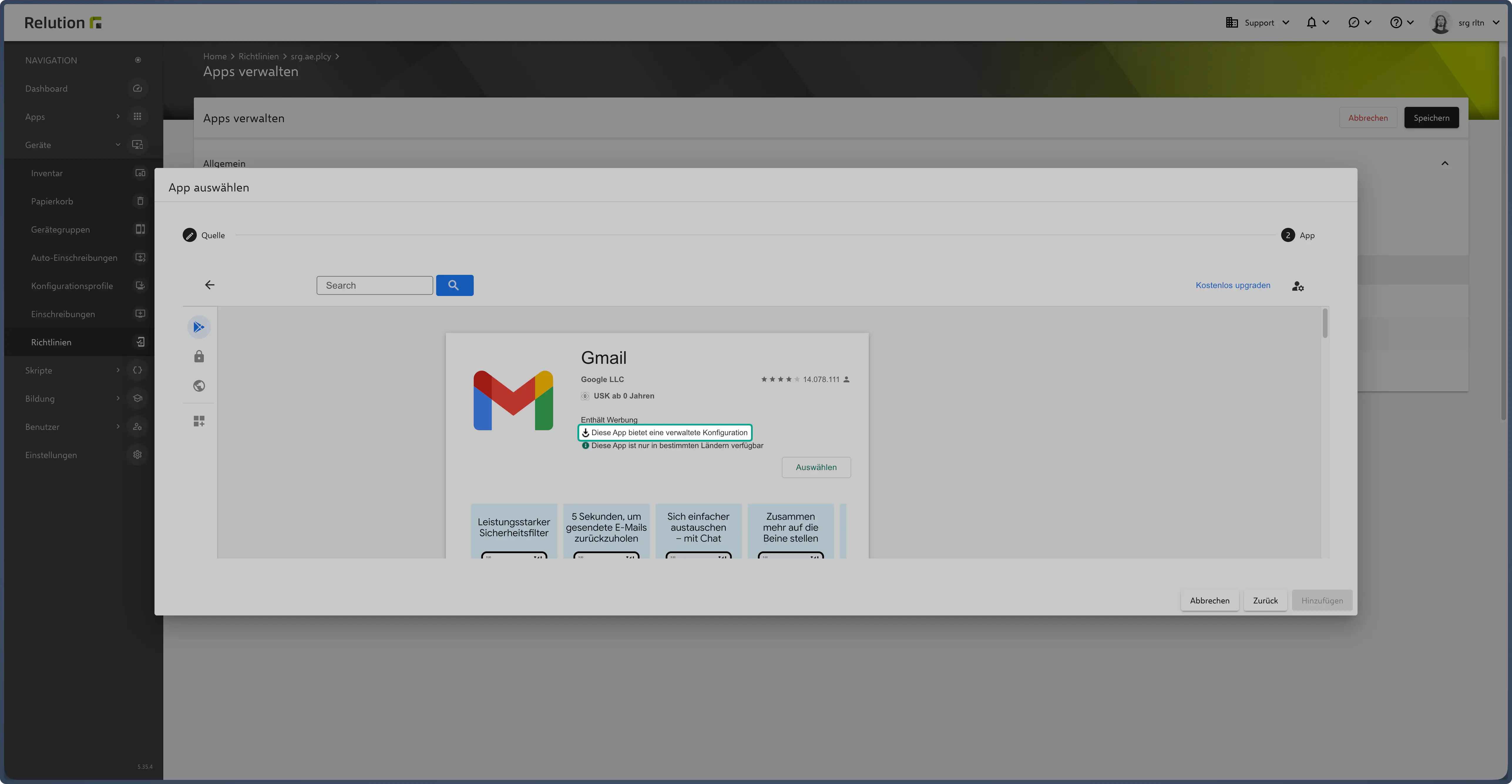 Google Mail oder Samsung Mail im Managed Play Store suchen