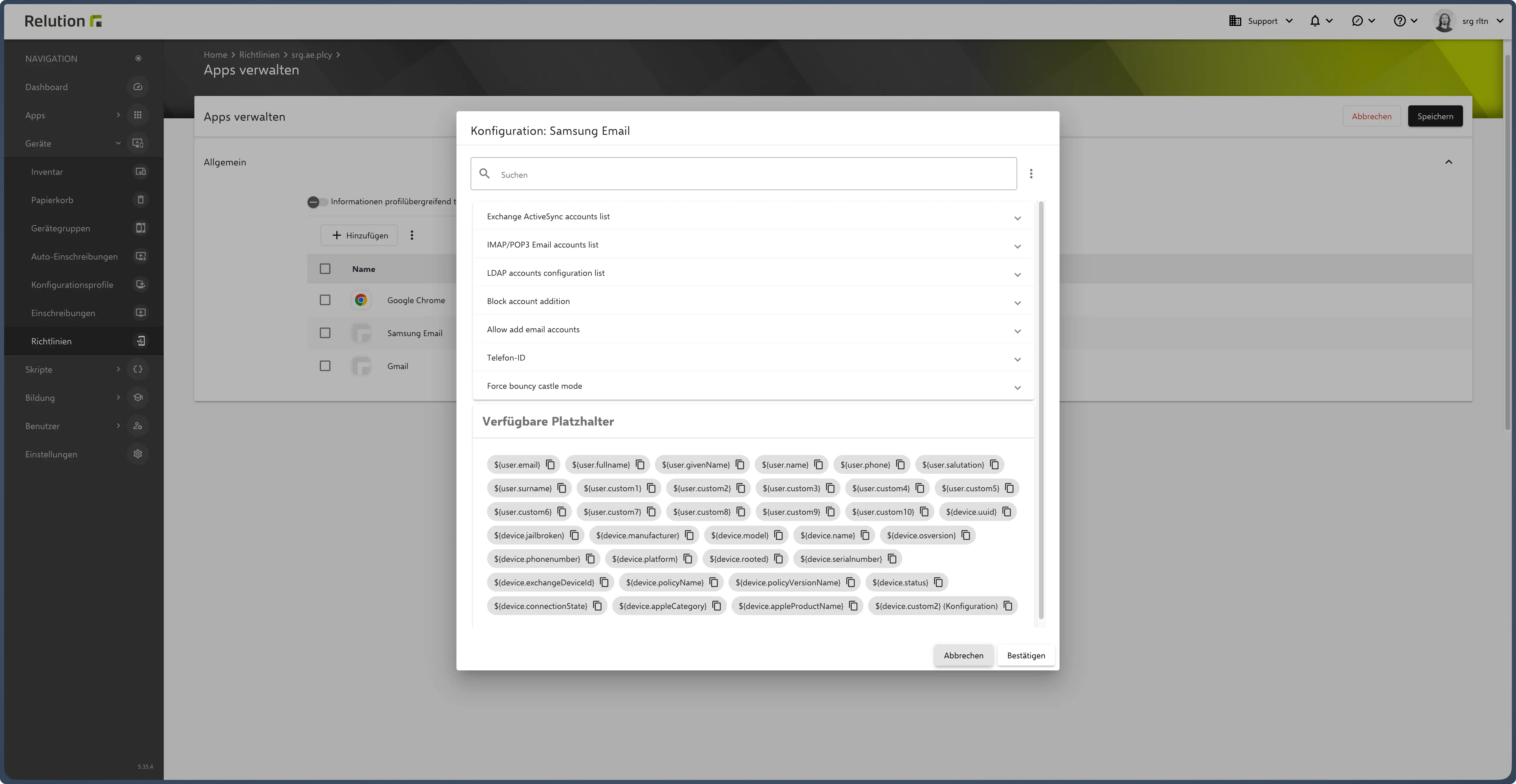 Managed Configuration mit Relution-Platzhaltern für E-Mail-Client
