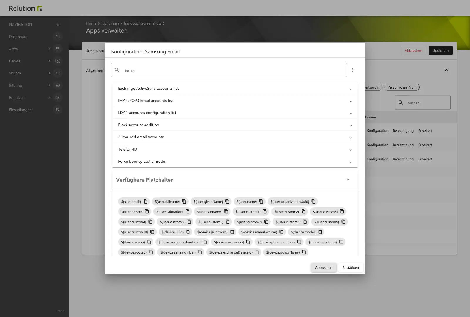 Managed Configuration mit Relution-Platzhaltern für E-Mail-Client