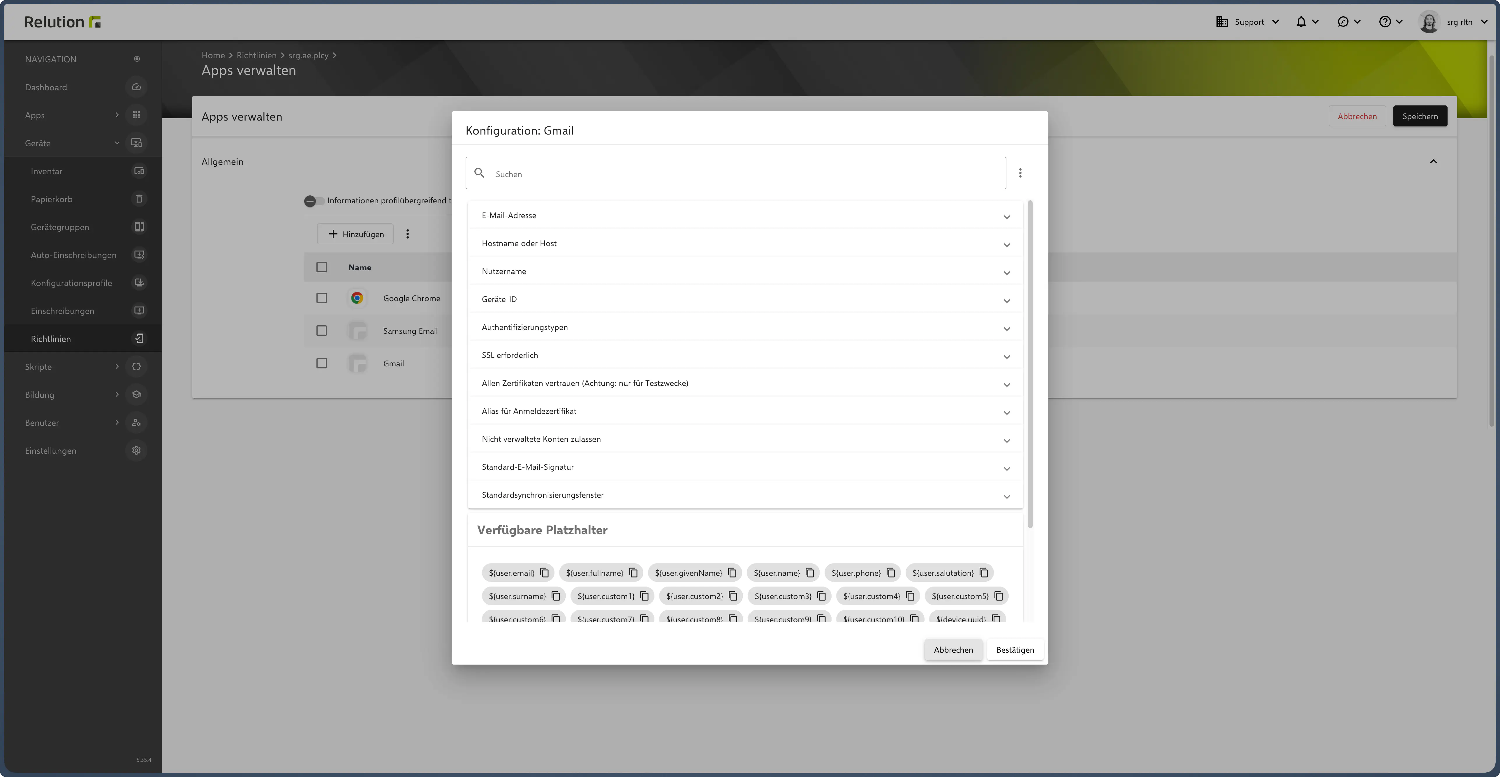 E-Mail-Servereinstellungen mit Platzhaltern in Managed Configuration