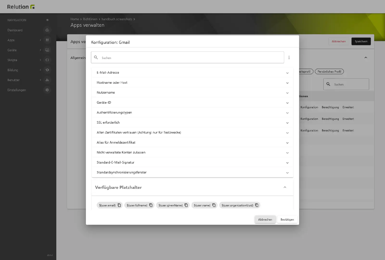 E-Mail-Servereinstellungen mit Platzhaltern in Managed Configuration