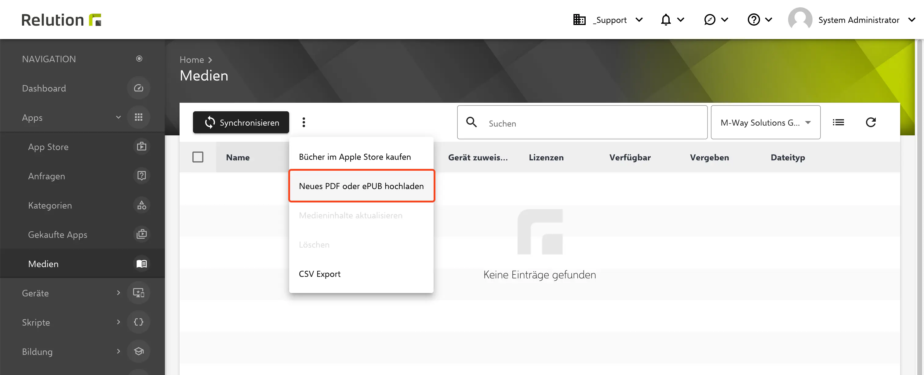 Bereich Bücher im Relution Seitenmenü öffnen