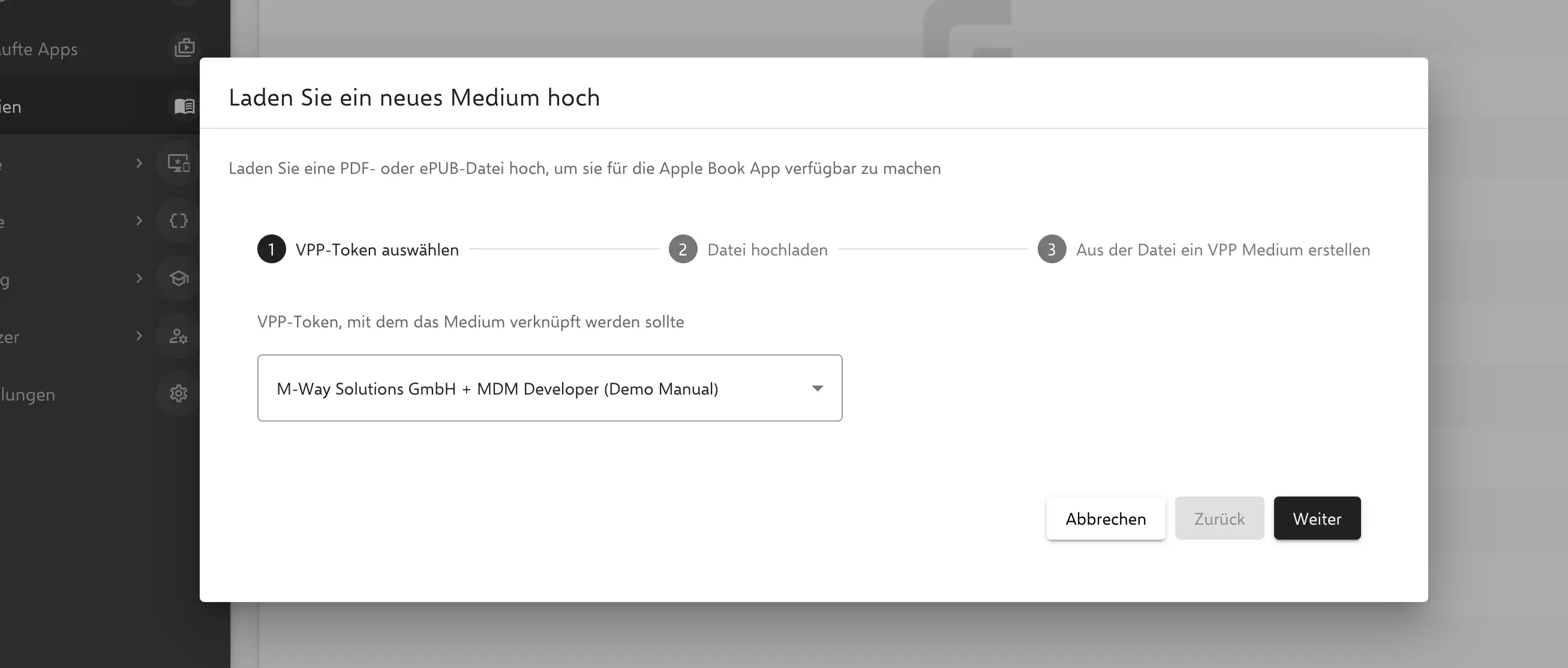 VPP-Token für Mediendatei in Relution auswählen