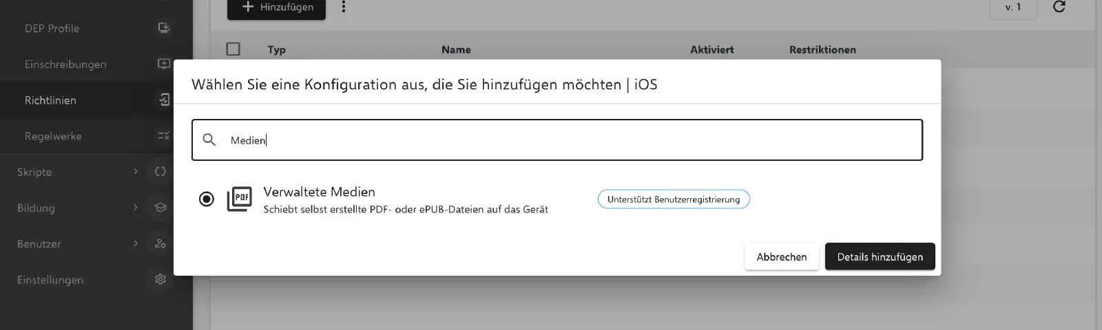 Managed Media Richtlinienkonfiguration in Relution öffnen