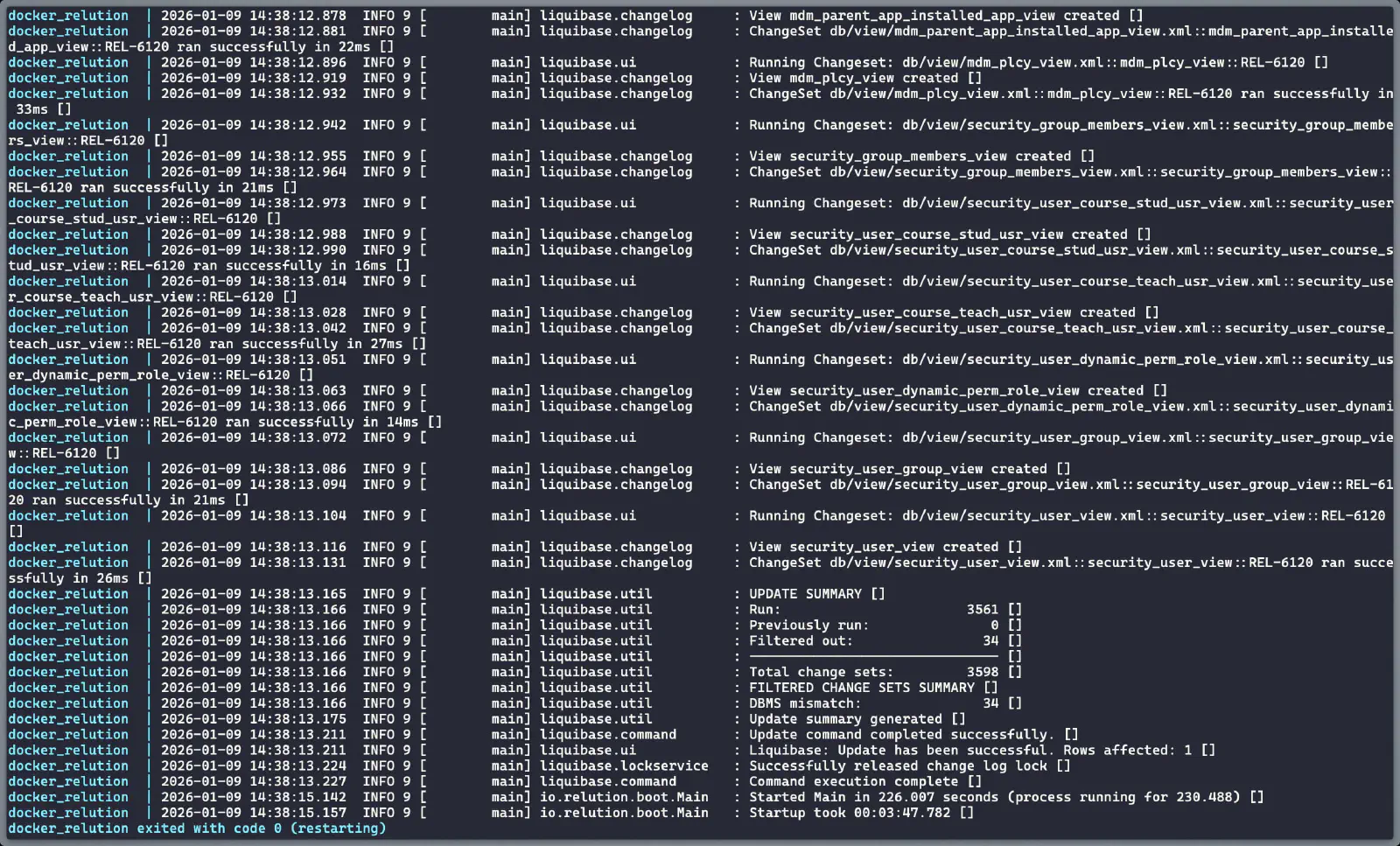 Terminal showing Docker container exit with code 0 after PostgreSQL schema initialization