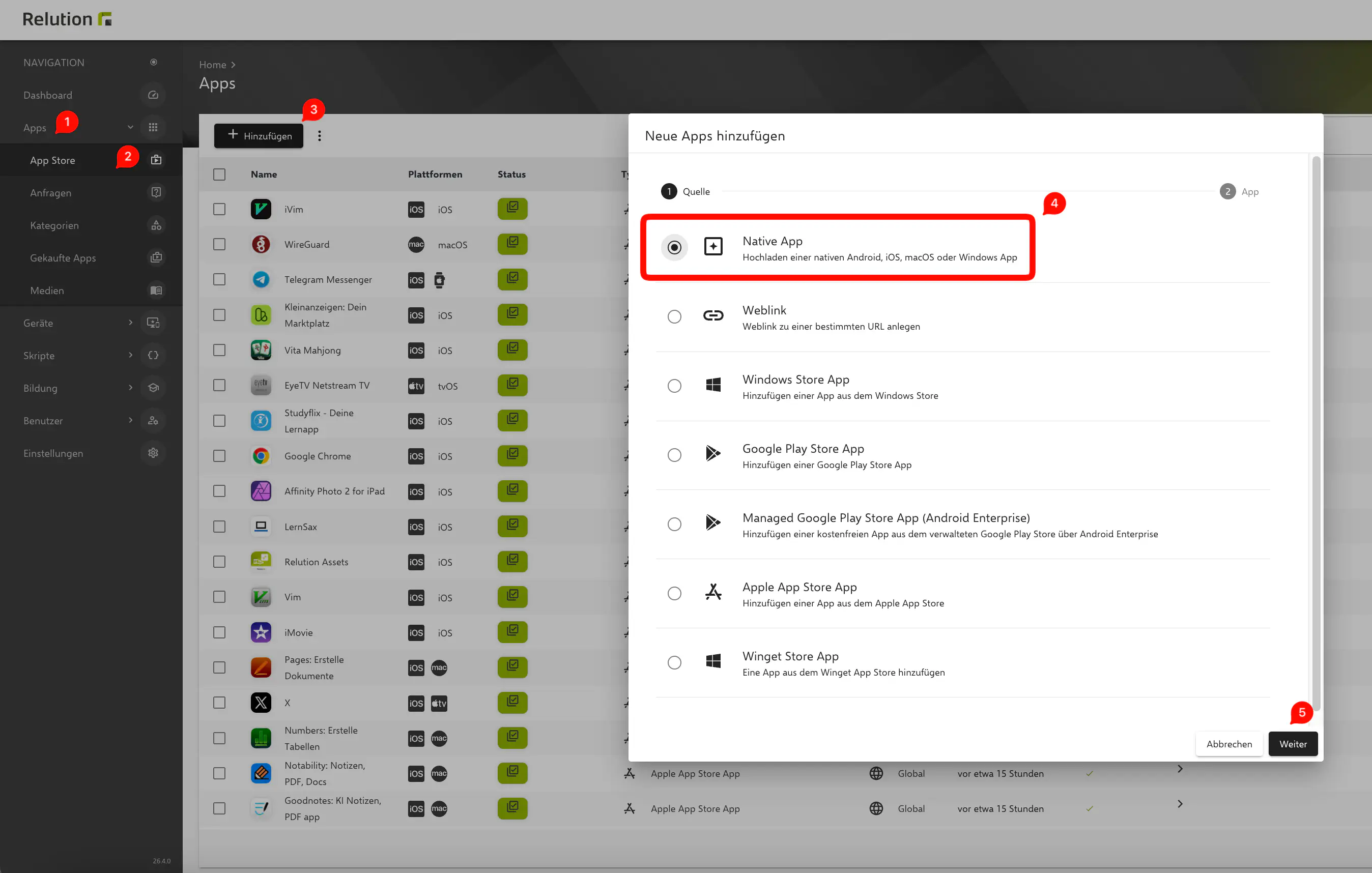 Native App im Relution App Store hinzufügen