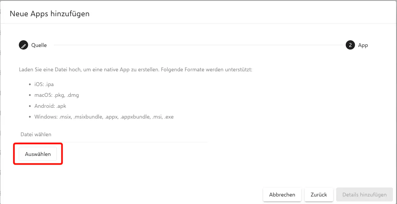 Installationspaket über Auswählen hochladen