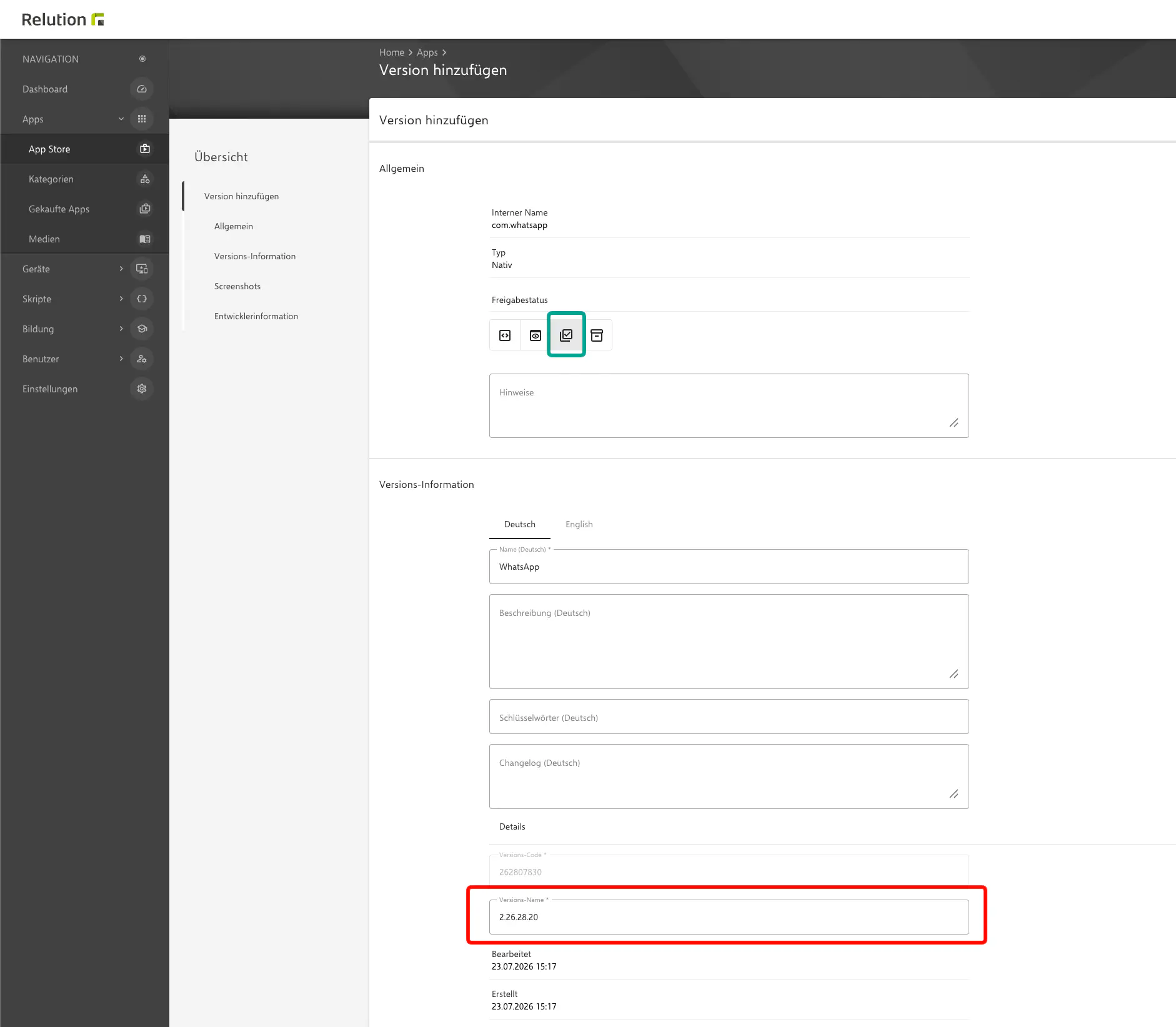 Freigabestatus und Versionsinformationen einer nativen App