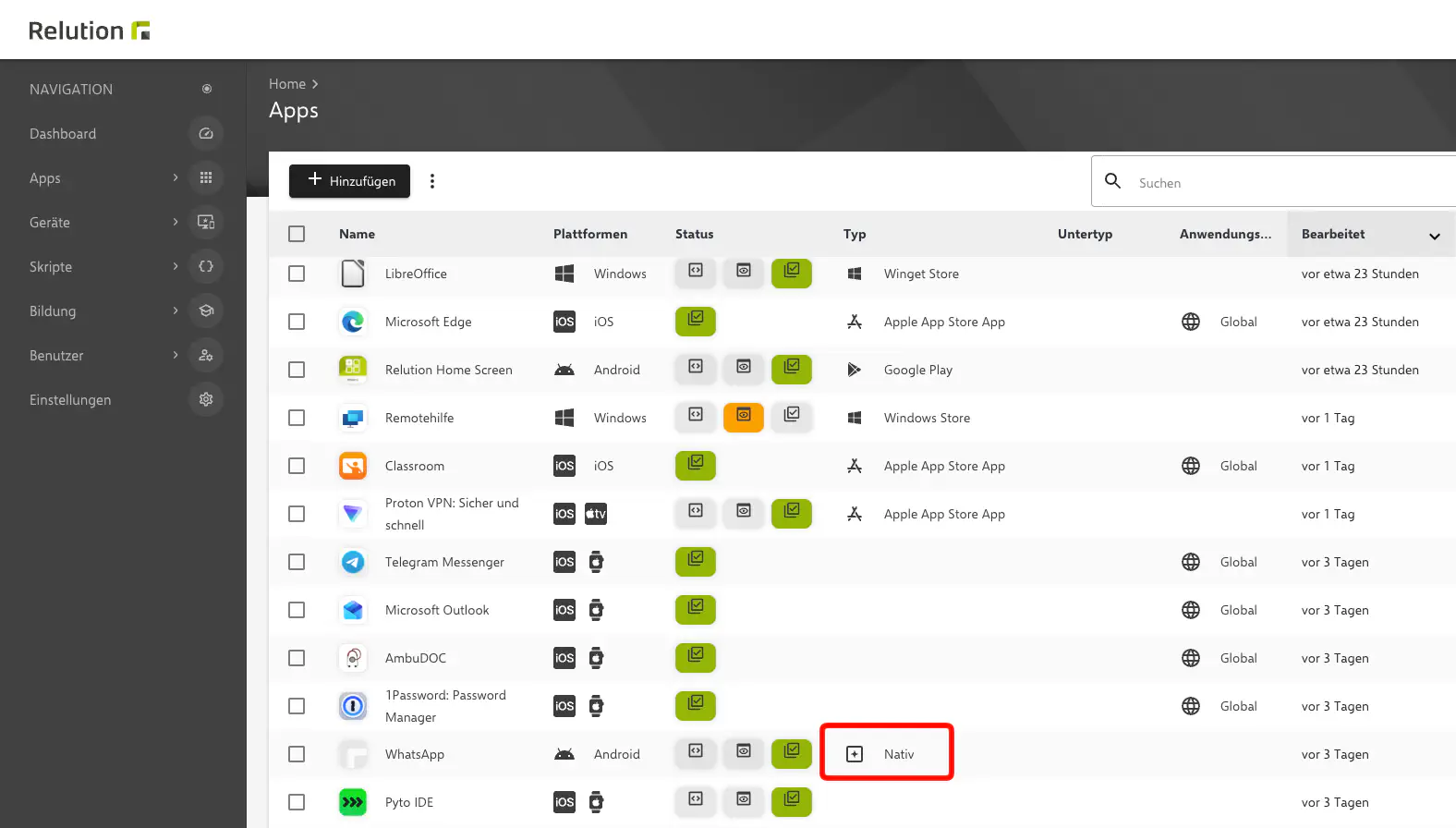 Native App mit Typ „Nativ" in der App-Übersicht