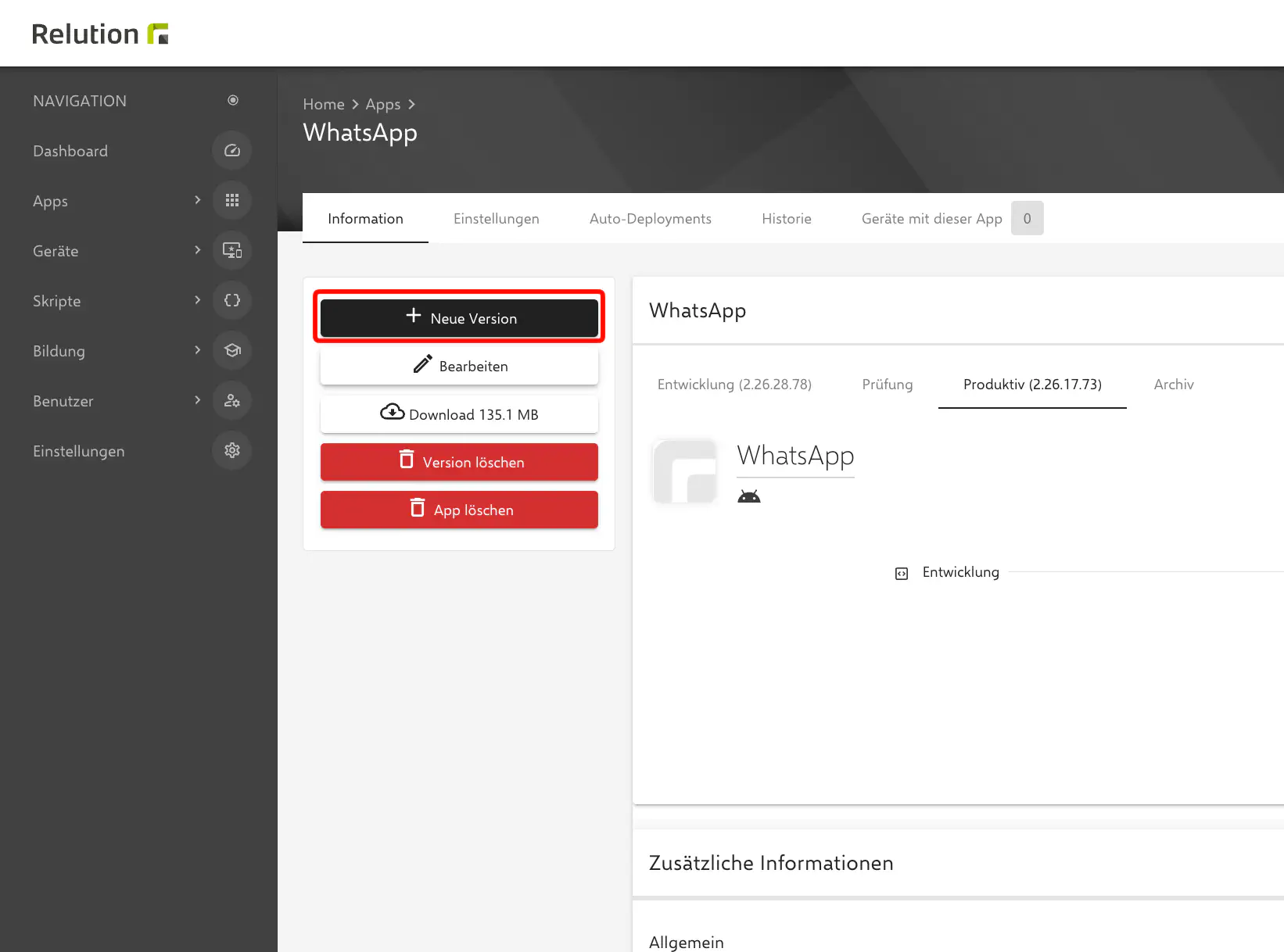 Neue Version einer App über die App-Detailansicht anlegen