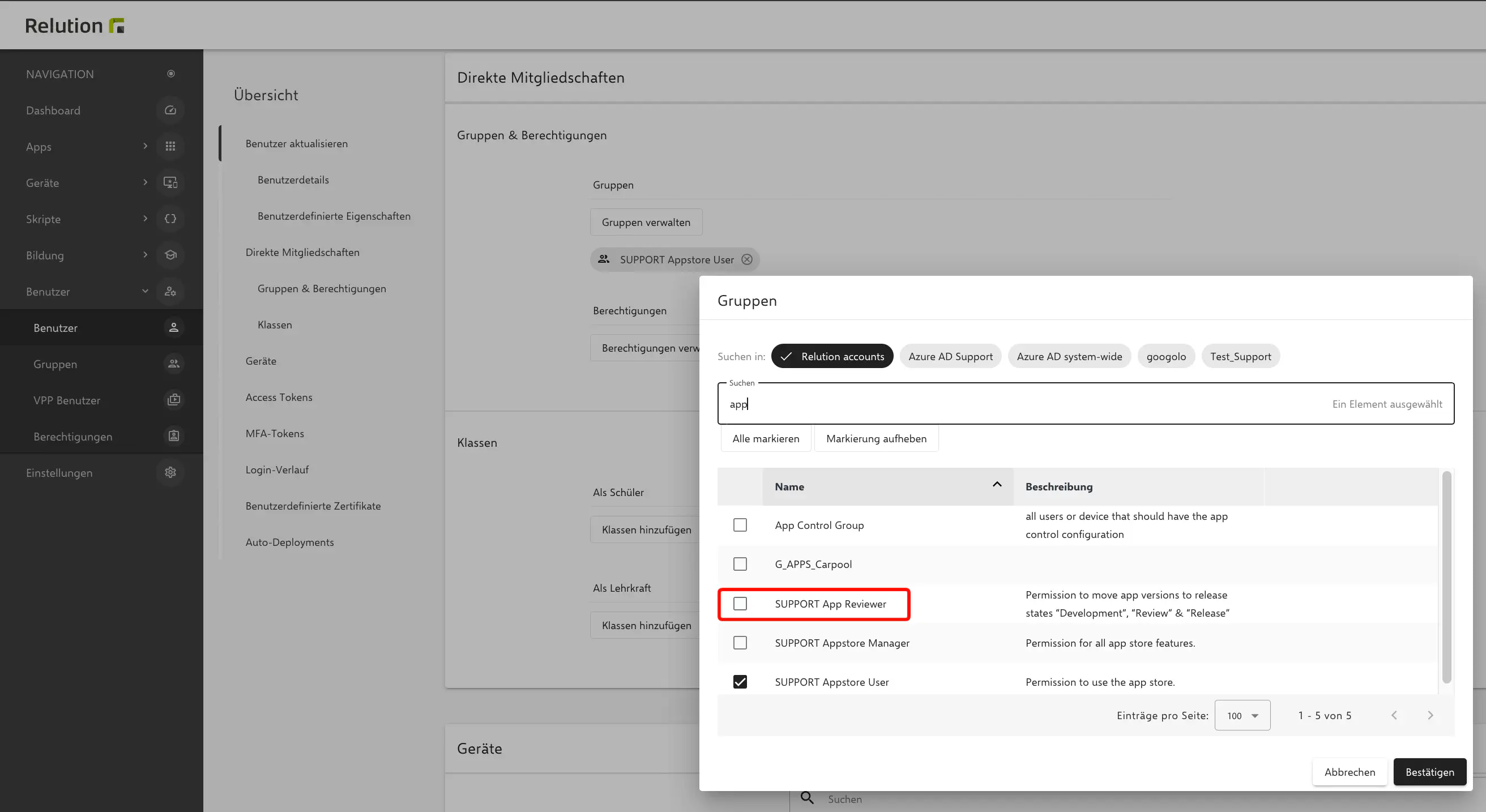 Berechtigung Support App Reviewer für einen Benutzer aktivieren