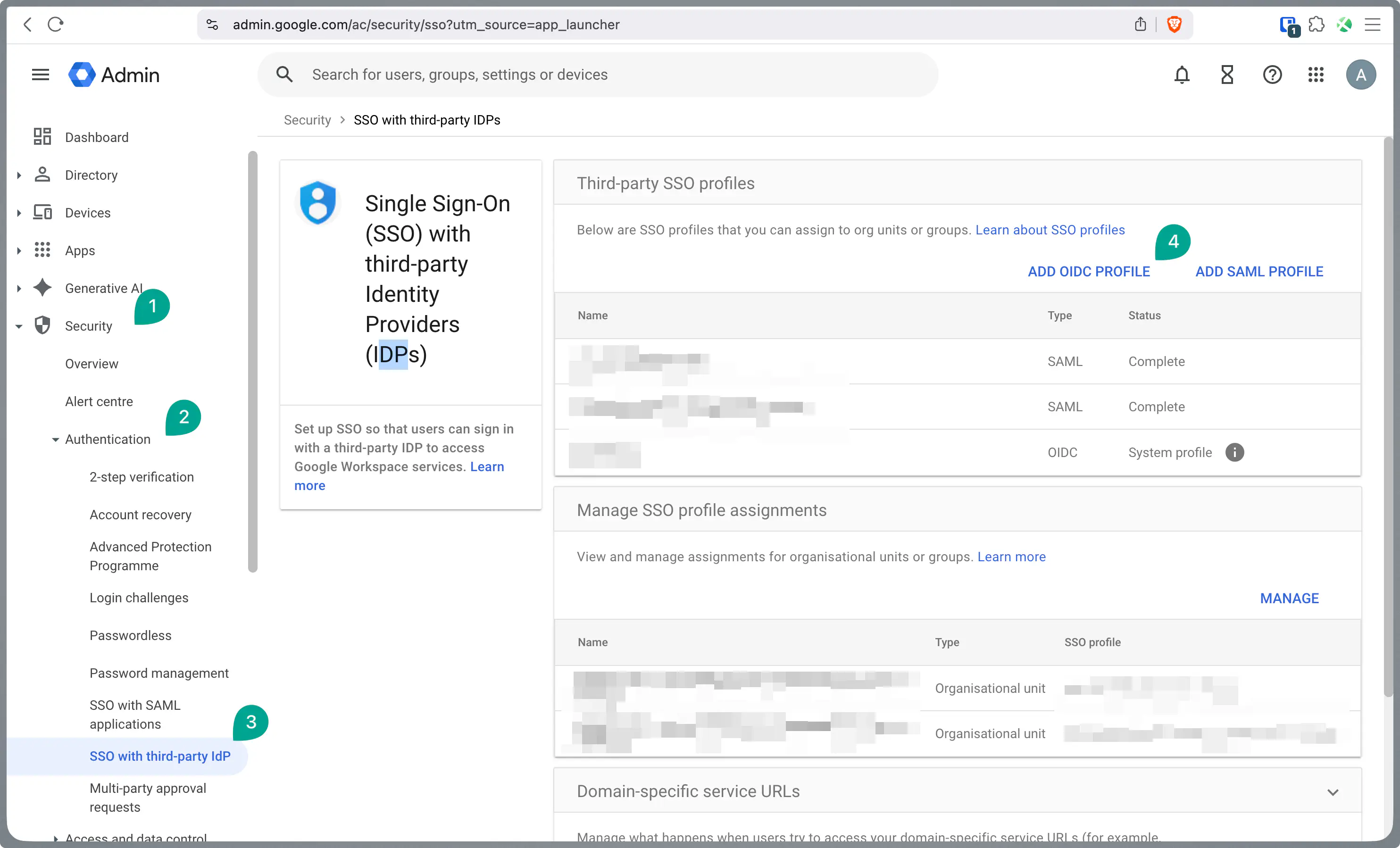 Créer un profil SSO avec OIDC dans la Google Admin Console sous Security Authentication