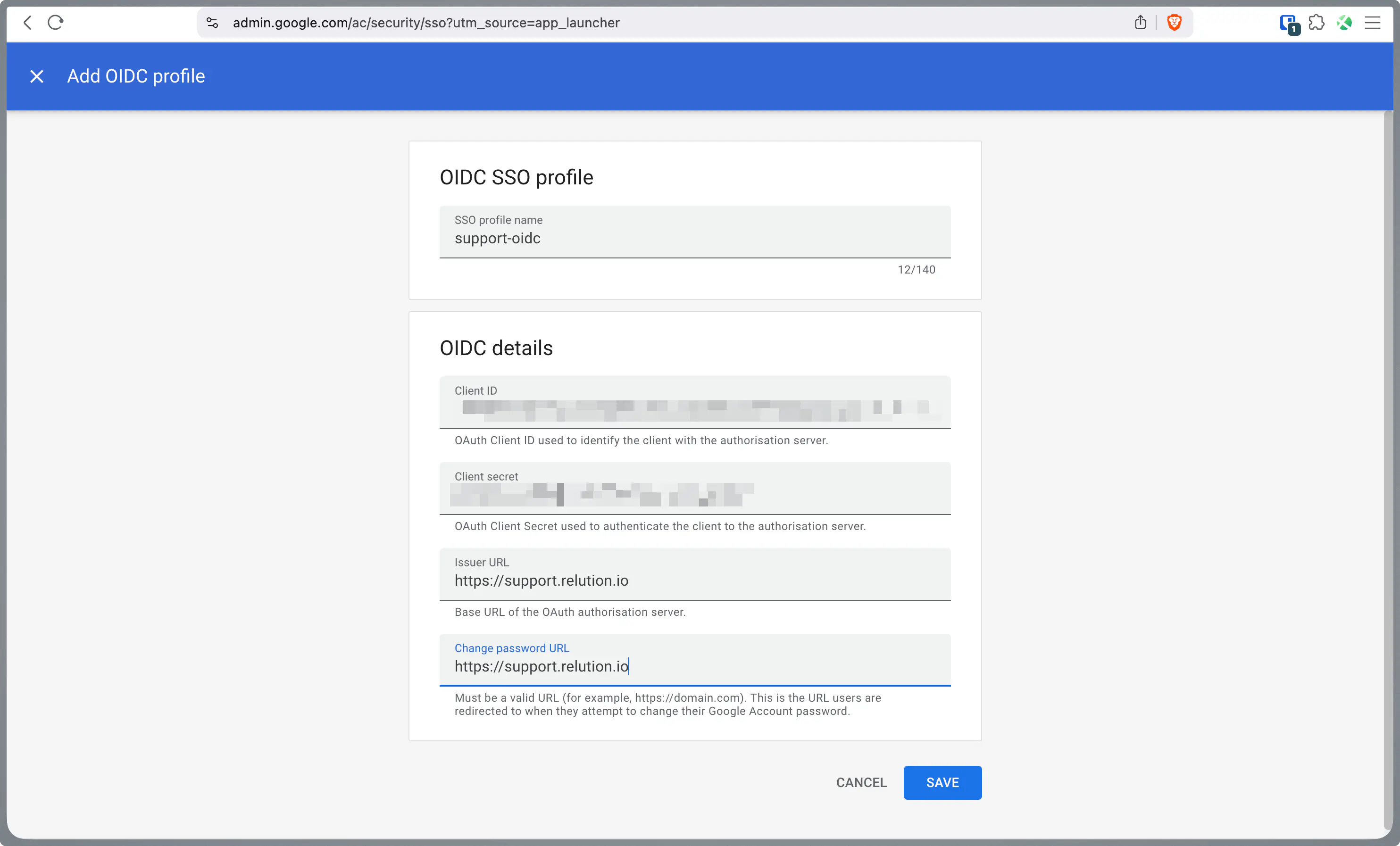 Enregistrer le Client ID et le Client Secret dans le profil OIDC de la Google Admin Console