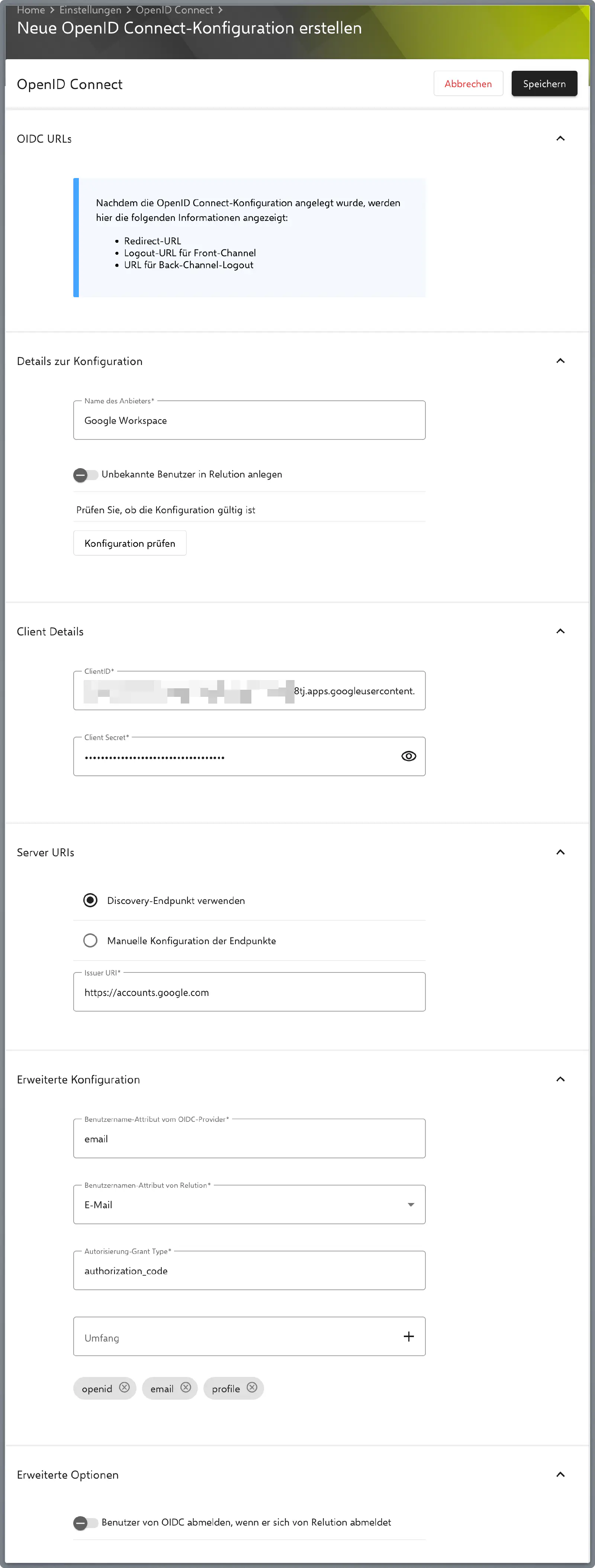 Relution Settings OpenID Connect configuration page showing Client ID and Secret fields