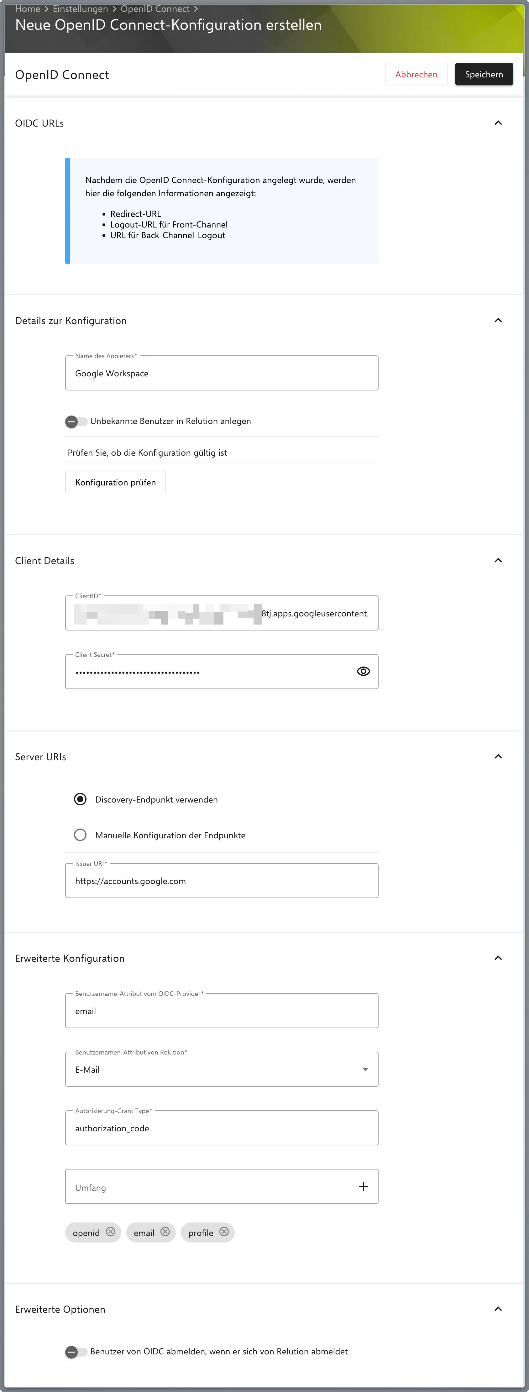 Ouvrir les paramètres OIDC dans Relution sous OpenID Connect