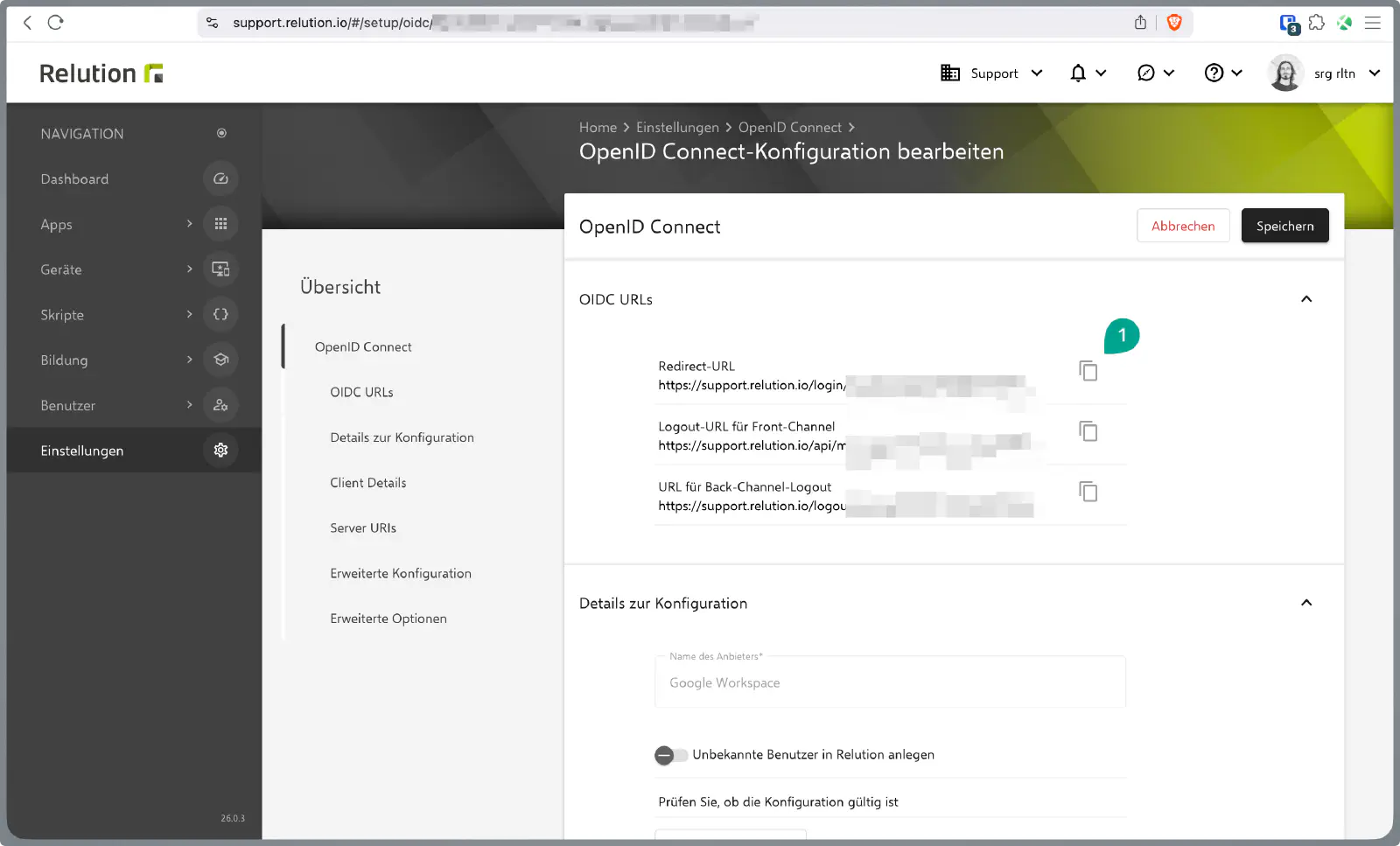 Relution OIDC configuration showing generated Redirect URL to copy for Google OAuth client