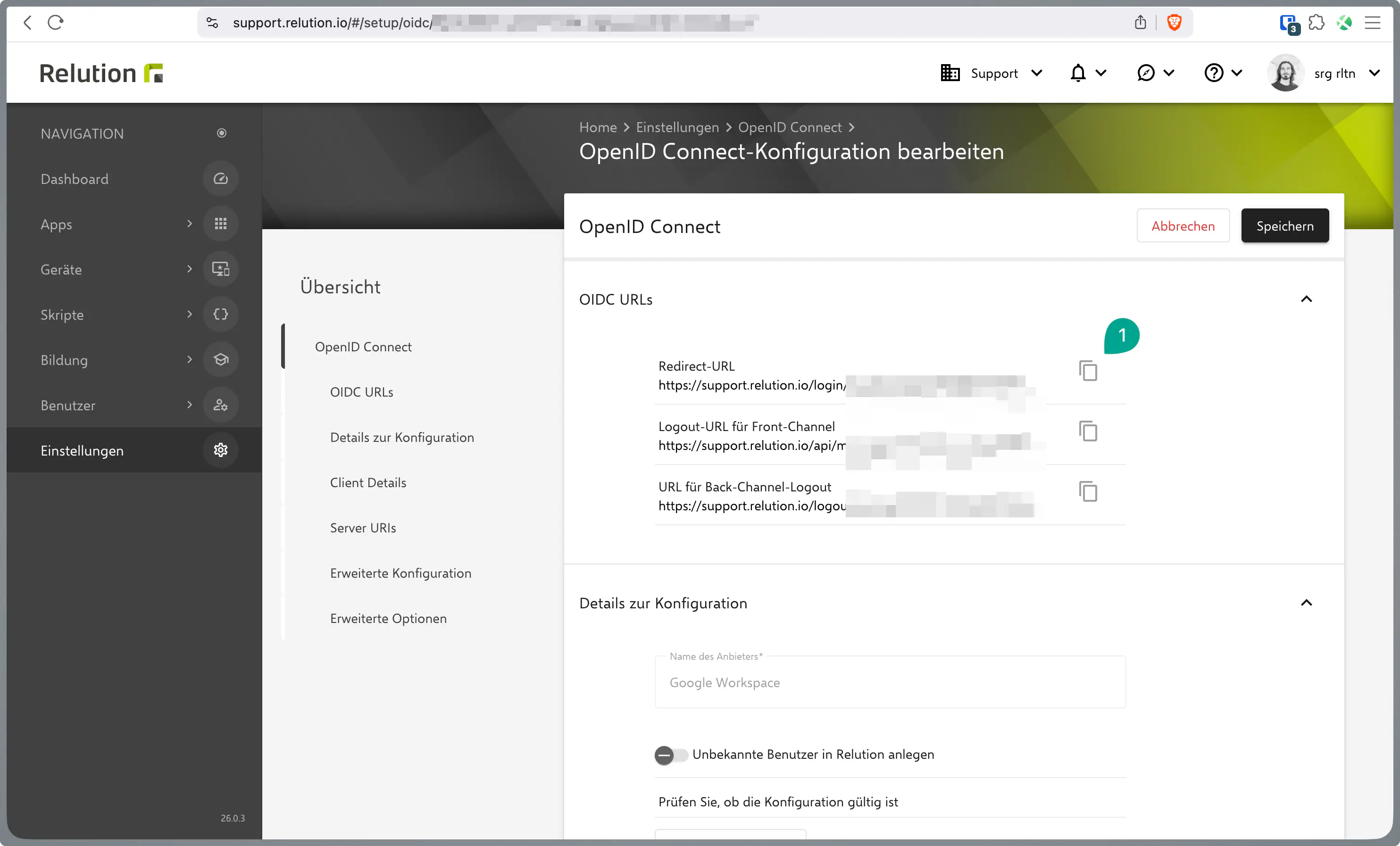 Copier l’URL de redirection générée depuis les paramètres OIDC de Relution