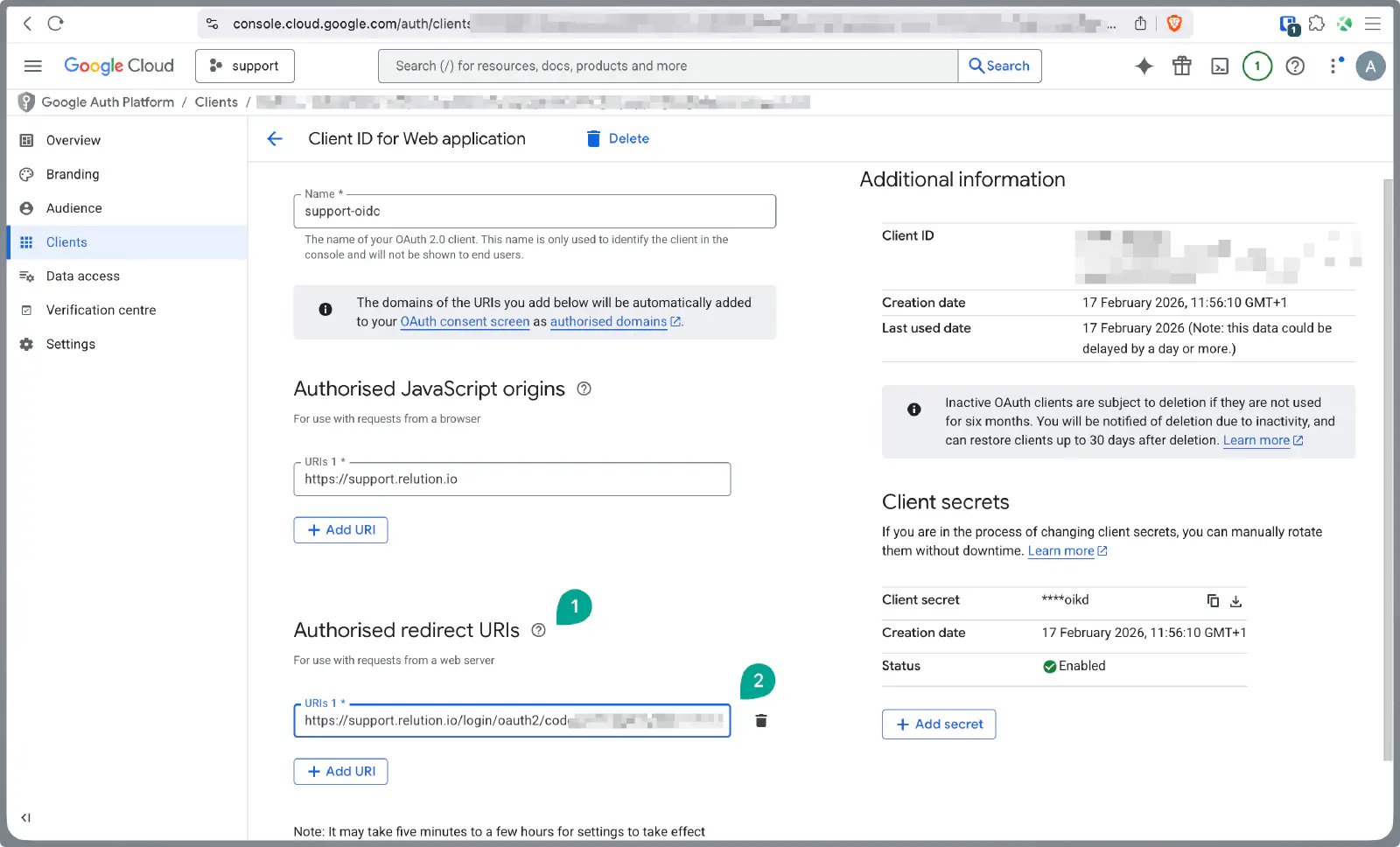 Google OAuth client authorized redirect URIs field with Relution redirect URL entered