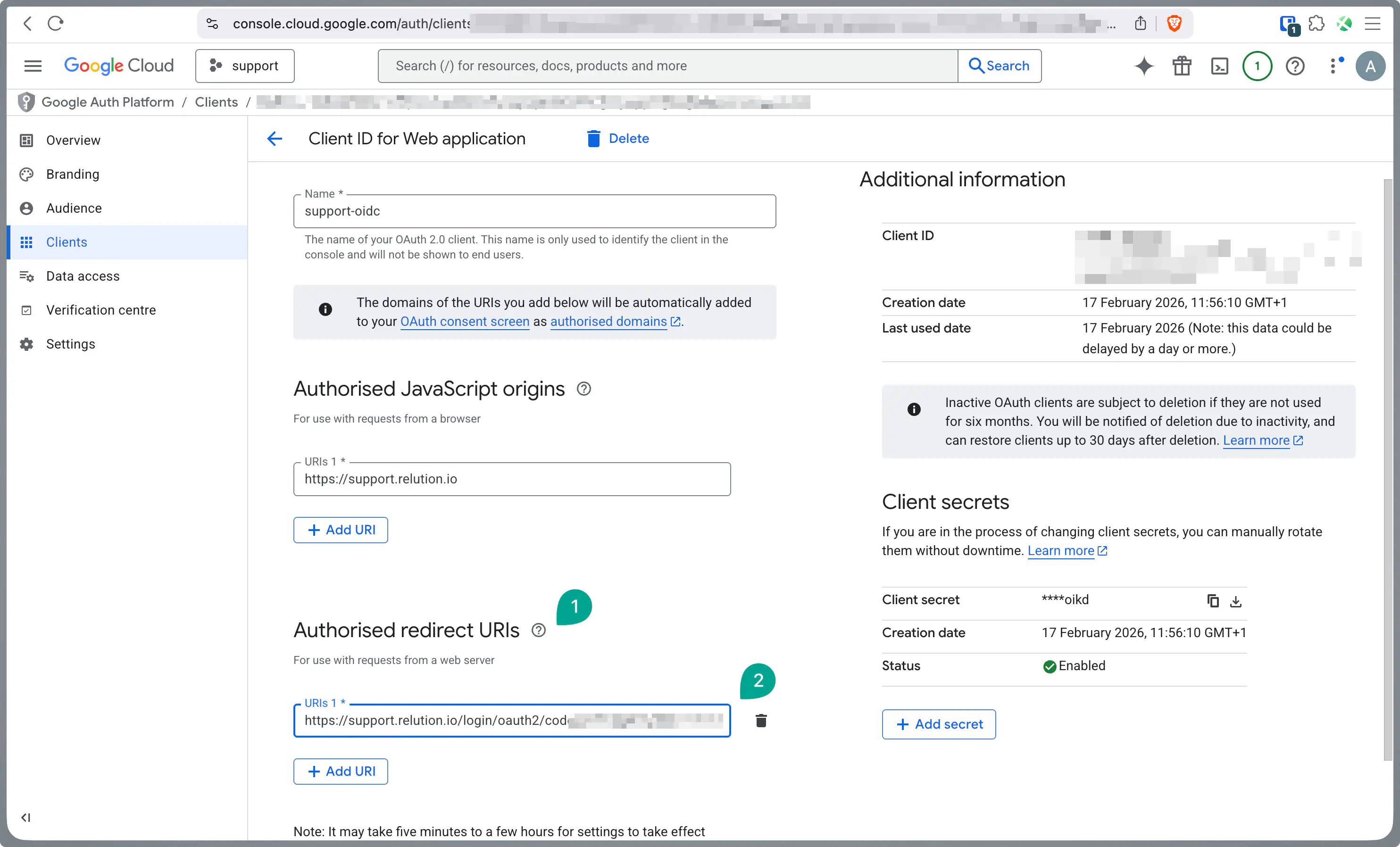 Saisir l’URL de redirection Relution comme Authorized Redirect URI dans le client OAuth Google