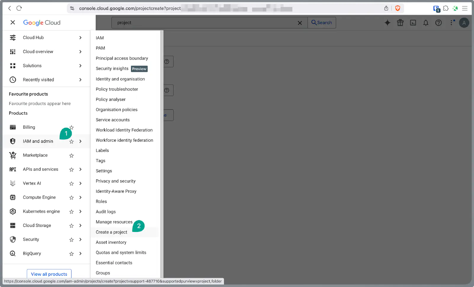 Google Cloud Console project selector showing existing projects and new project option