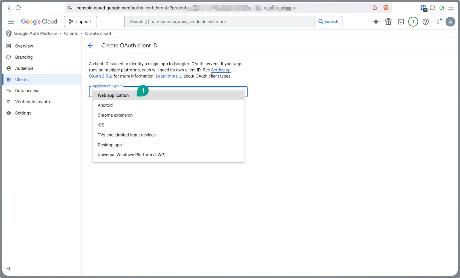 Google Cloud Console OAuth client type selection with Web application chosen