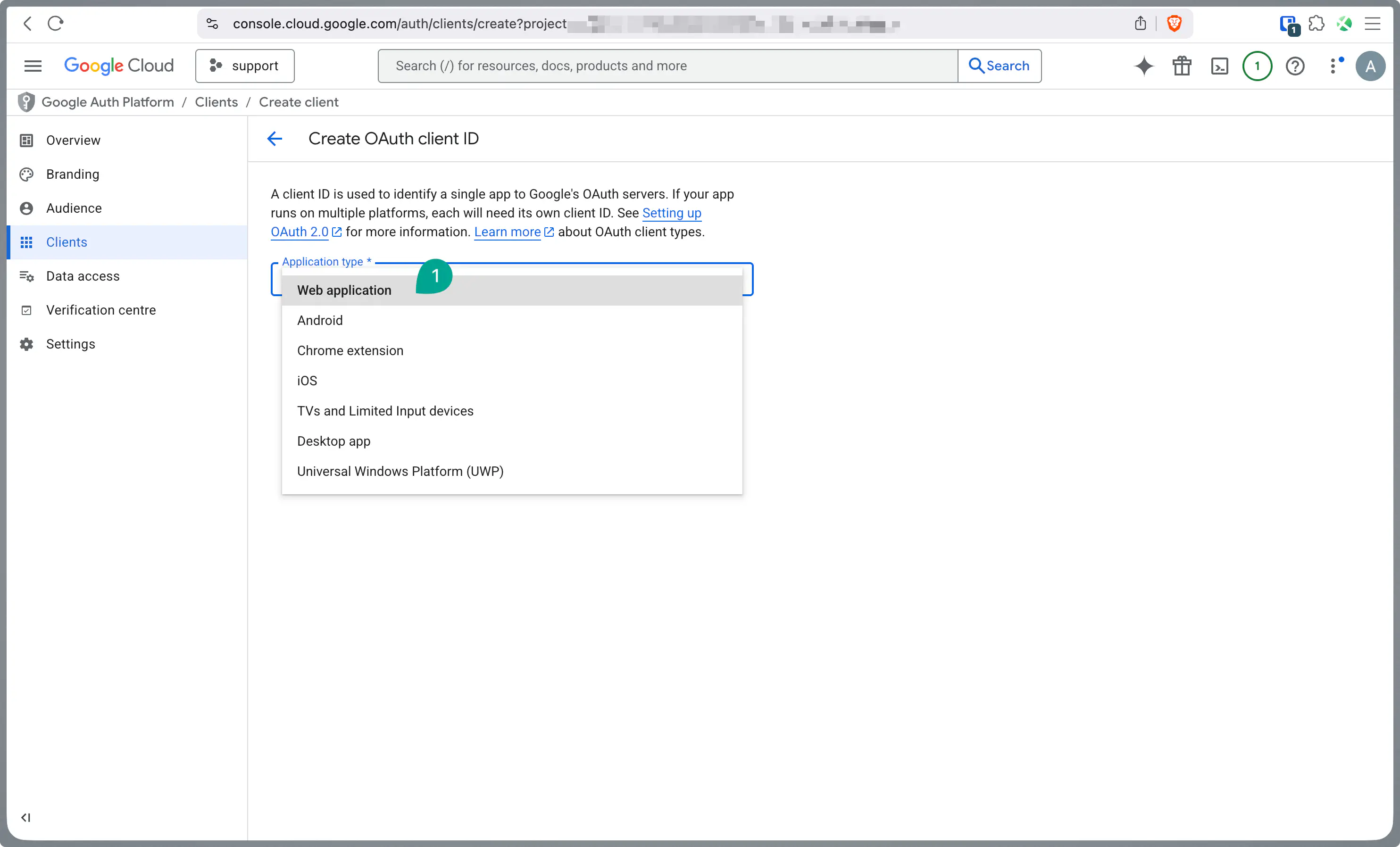 Sélectionner Web application comme Application type pour le client OAuth dans Google Cloud