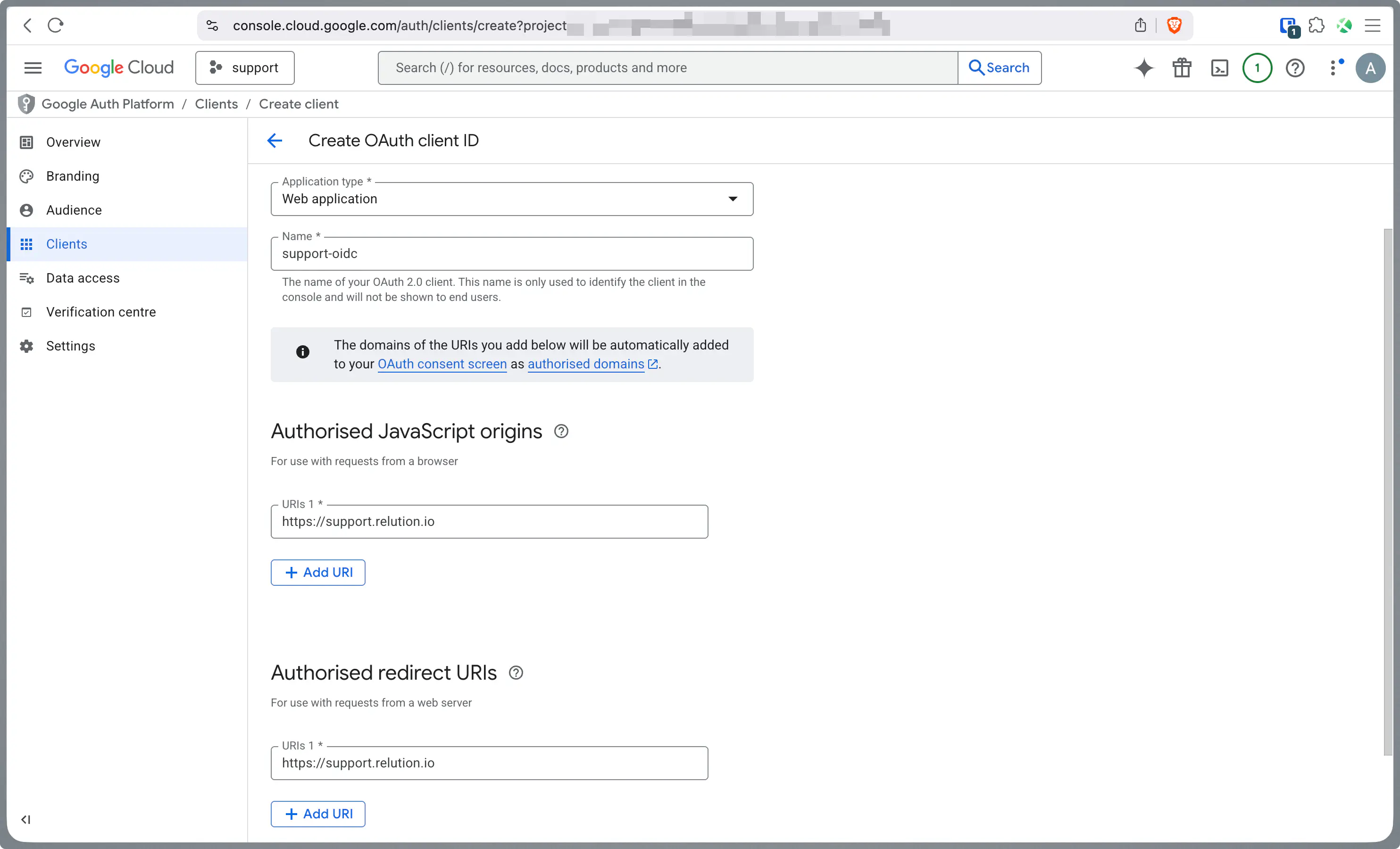 Saisir l’URL du serveur comme Authorized JavaScript Origin dans le client OAuth Google Cloud
