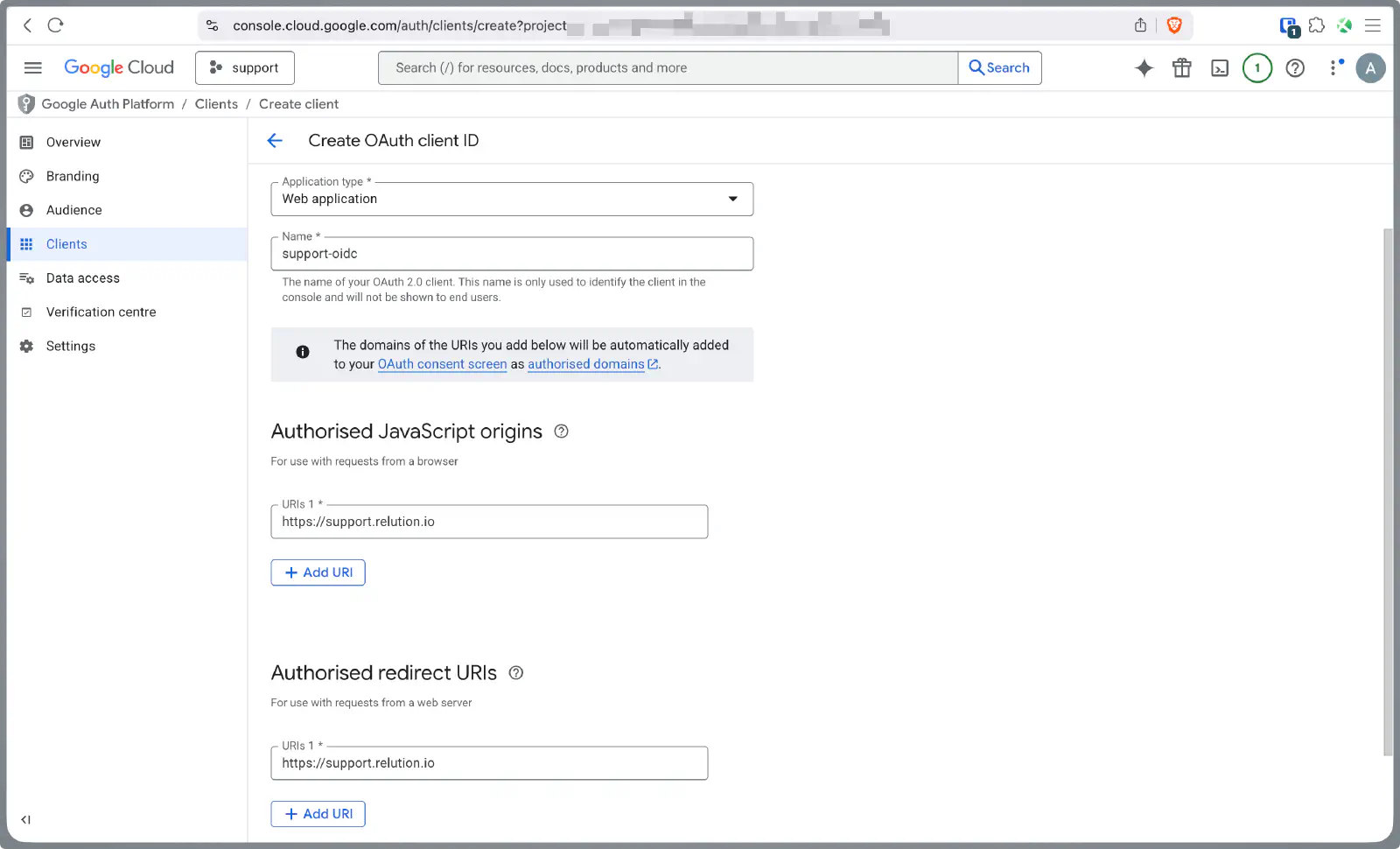 Google OAuth client configuration with authorized JavaScript origin and empty redirect URI field