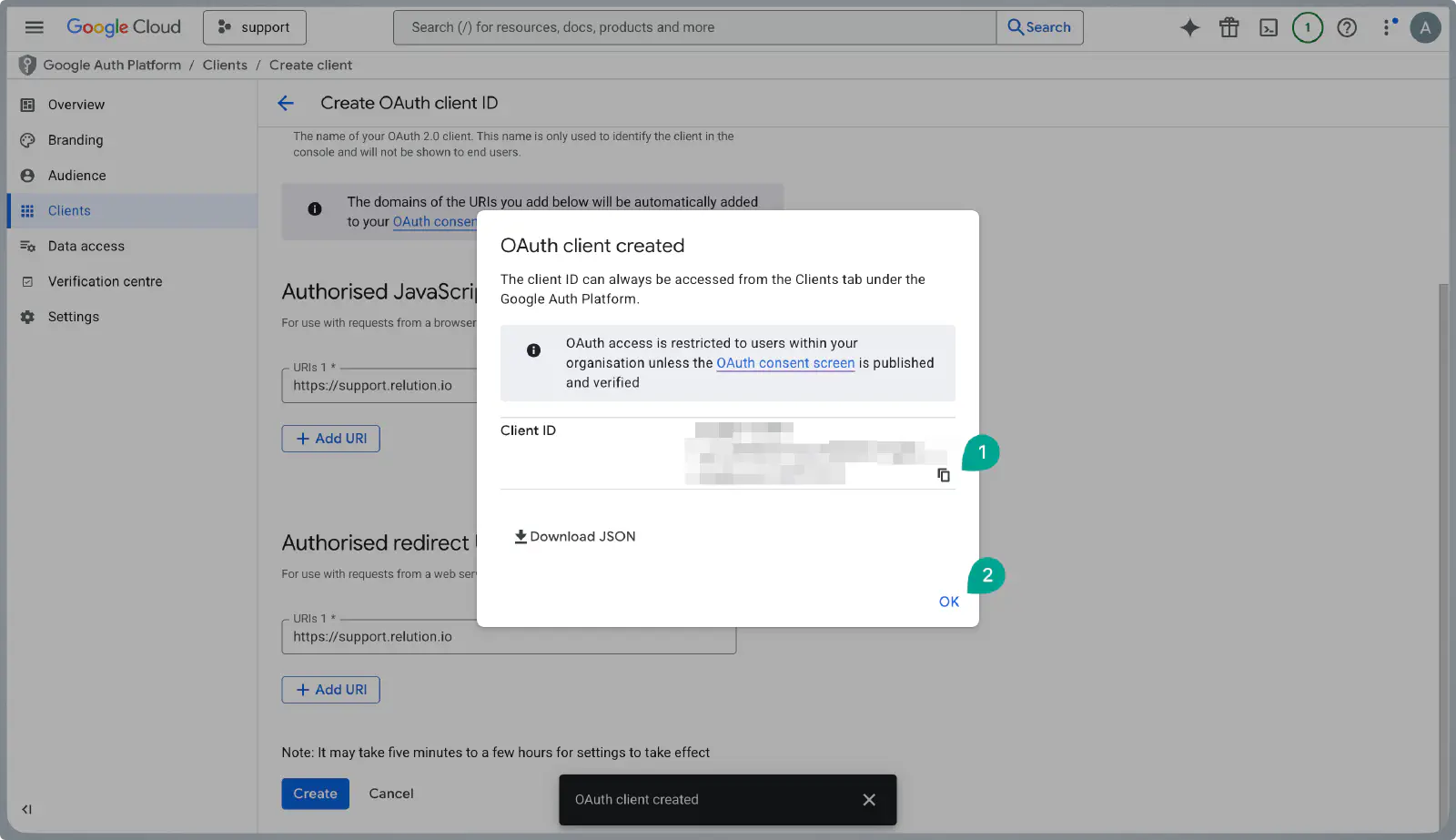 Google OAuth client confirmation screen displaying Client ID to copy for Relution