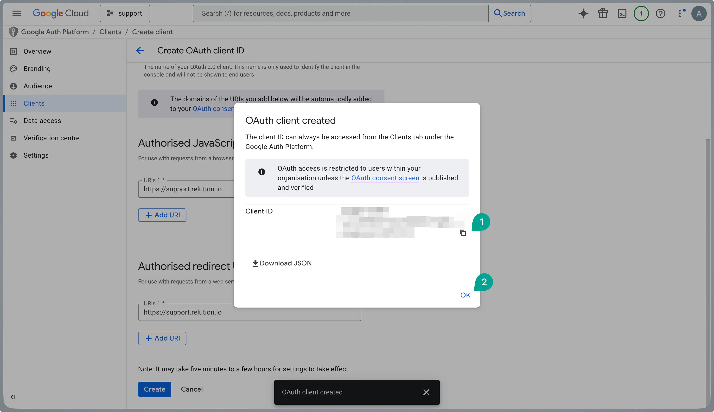 Copier le Client ID généré après l’enregistrement dans la Google Cloud Console