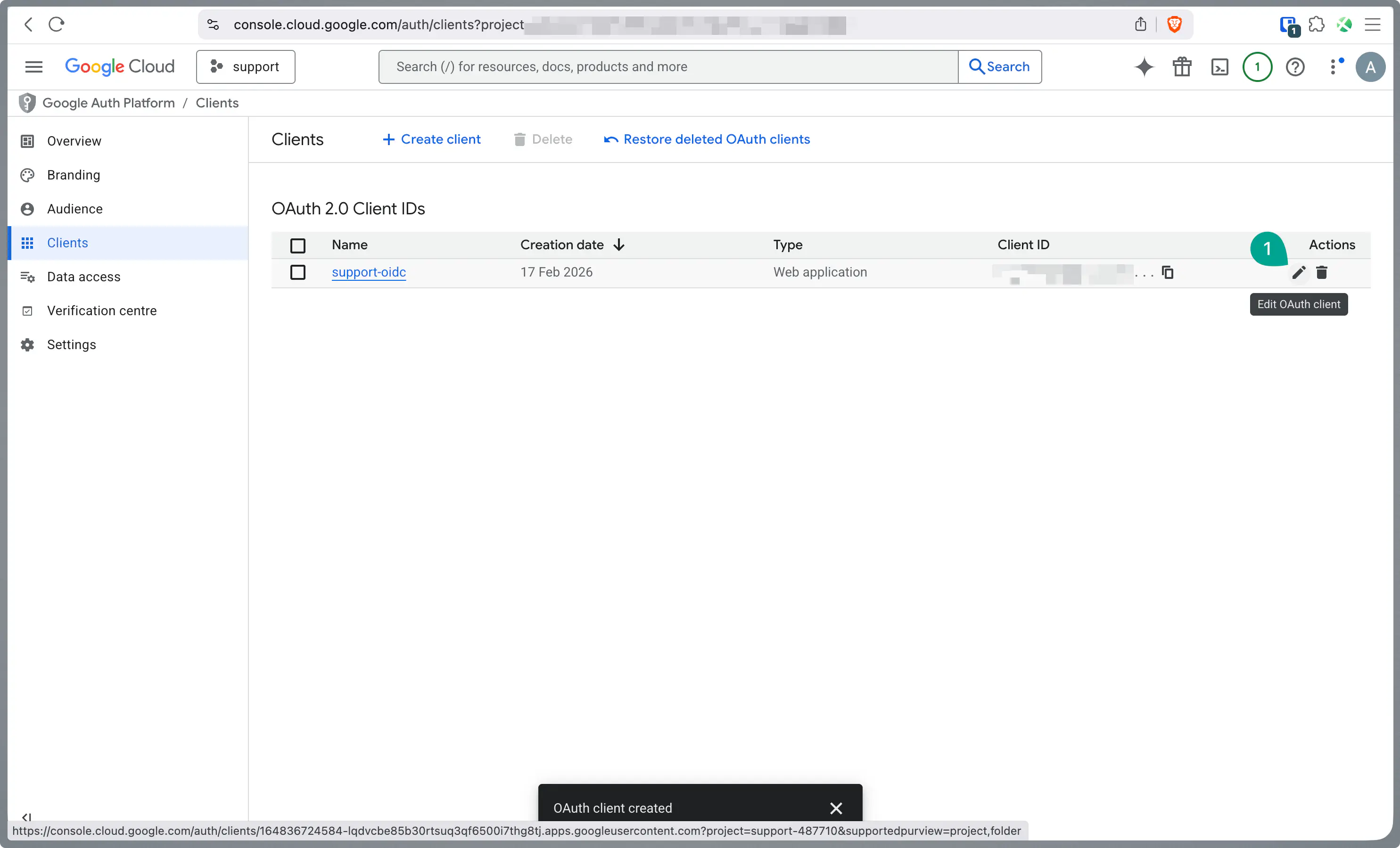Ouvrir le client OAuth créé dans la Google Cloud Console pour la vue détaillée