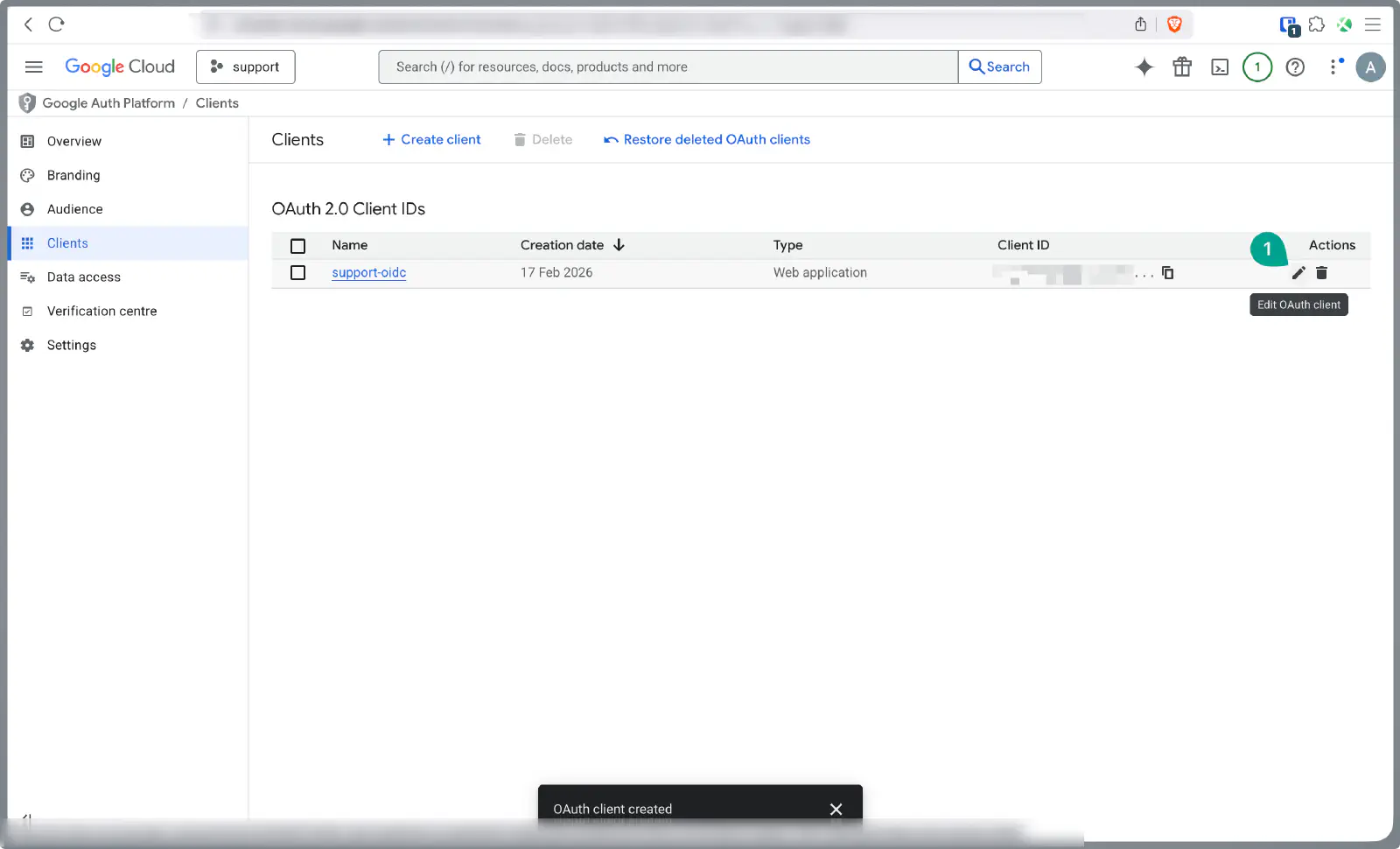 Ouvrir le client OAuth créé dans la Google Cloud Console pour la vue détaillée