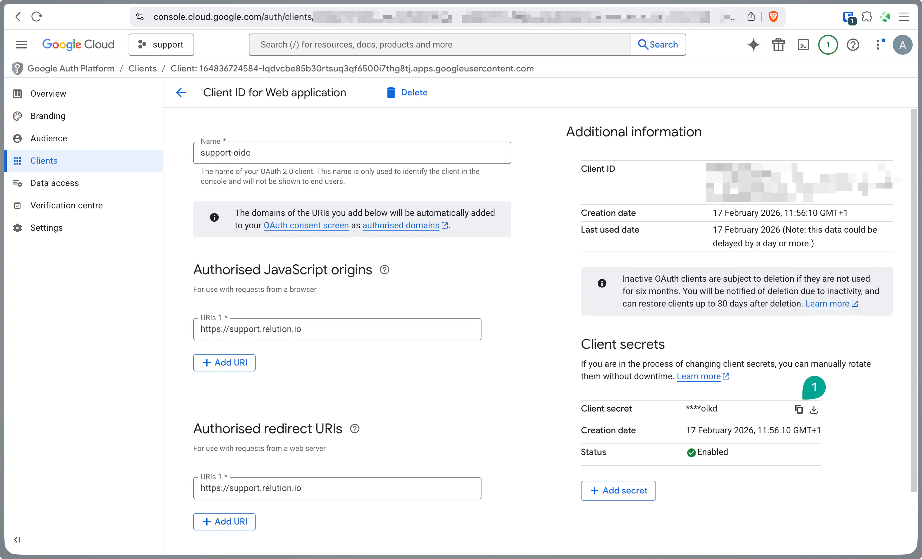 Copier le Client Secret depuis les détails du client OAuth dans la Google Cloud Console